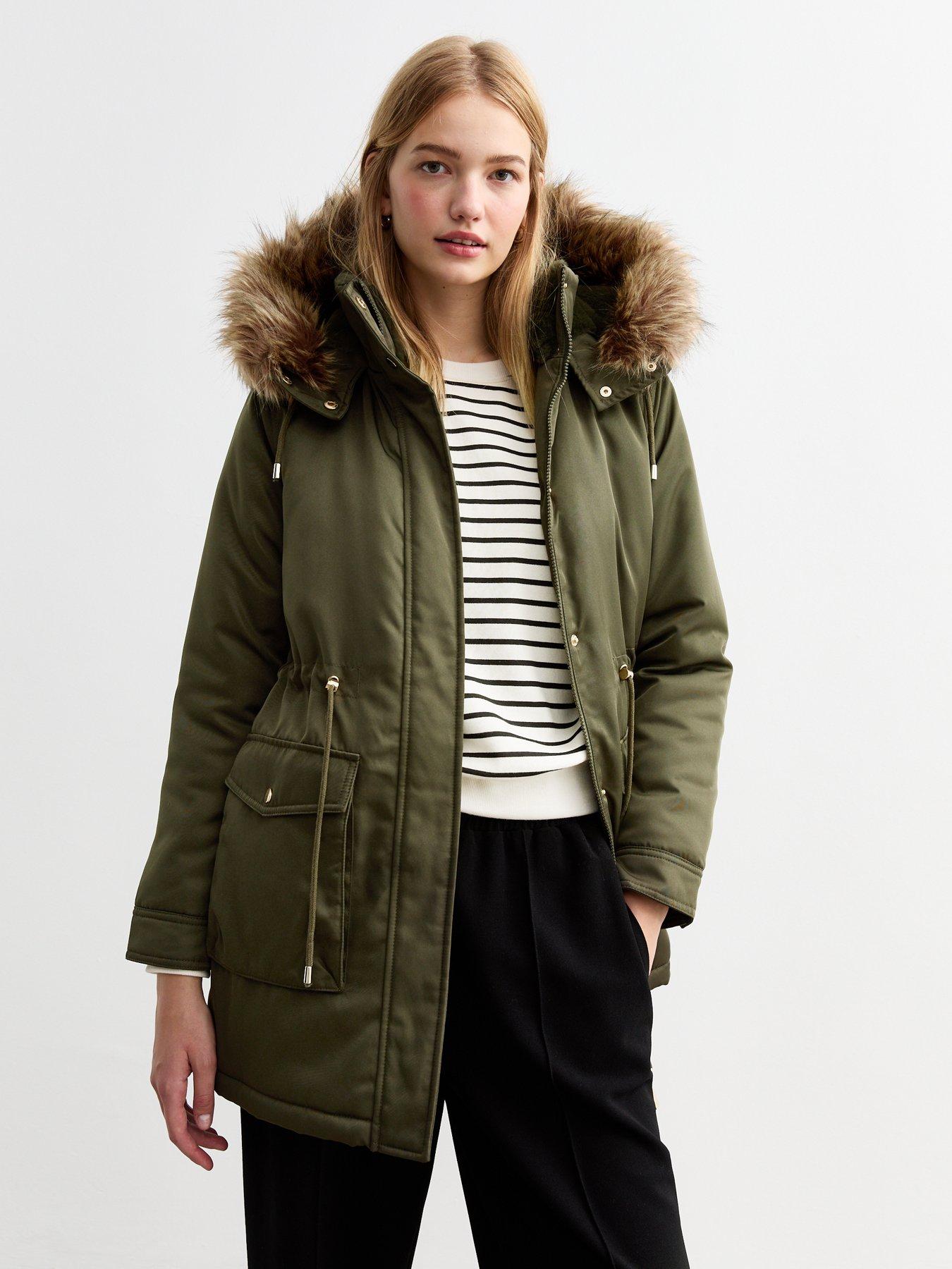 undefined Khaki Faux Fur Trim Shell Parka - Green