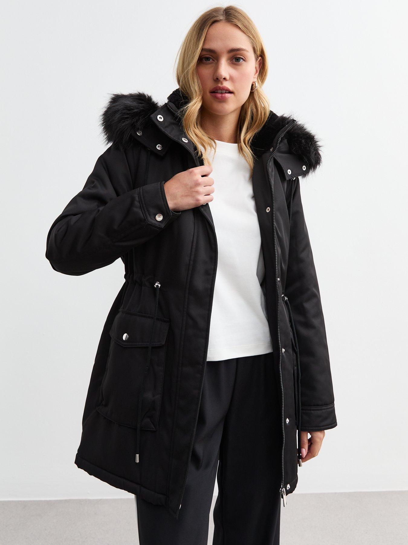 New Look Black Faux Fur Trim Shell Parka Very