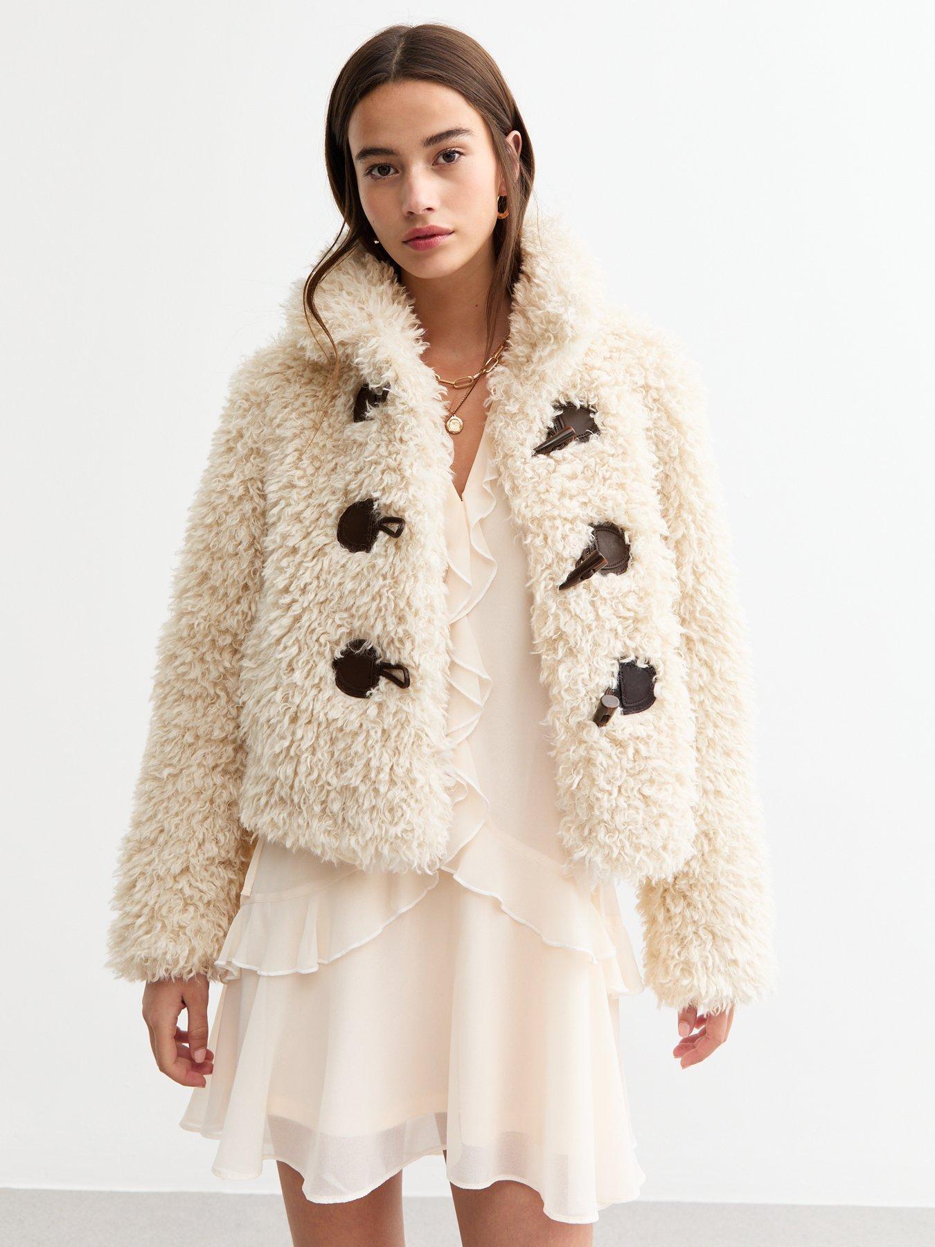 undefined Off Faux Fur Toggle Front Coat - White