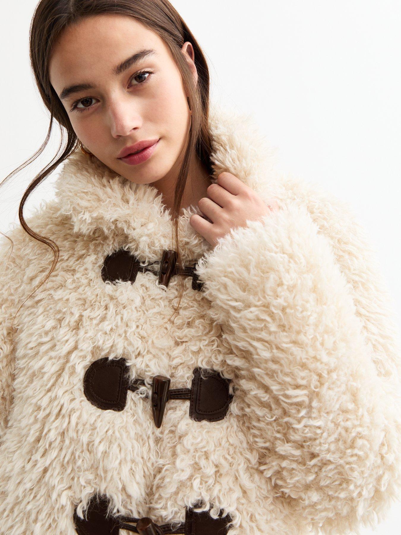 New Look Off White Faux Fur Toggle Front Coat Very