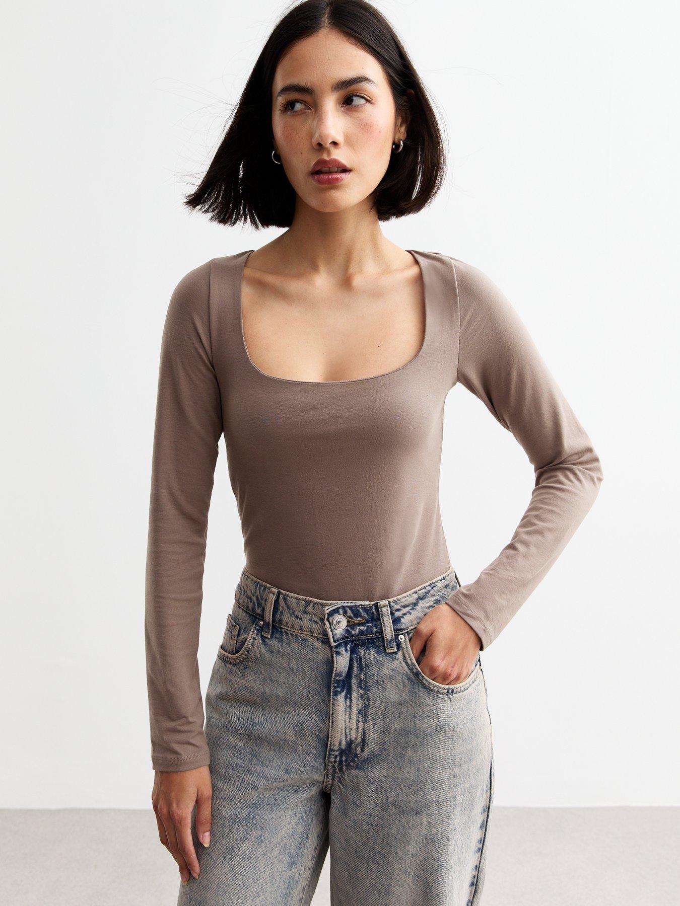 undefined Cotton Blend Square Neck Bodysuit - Beige