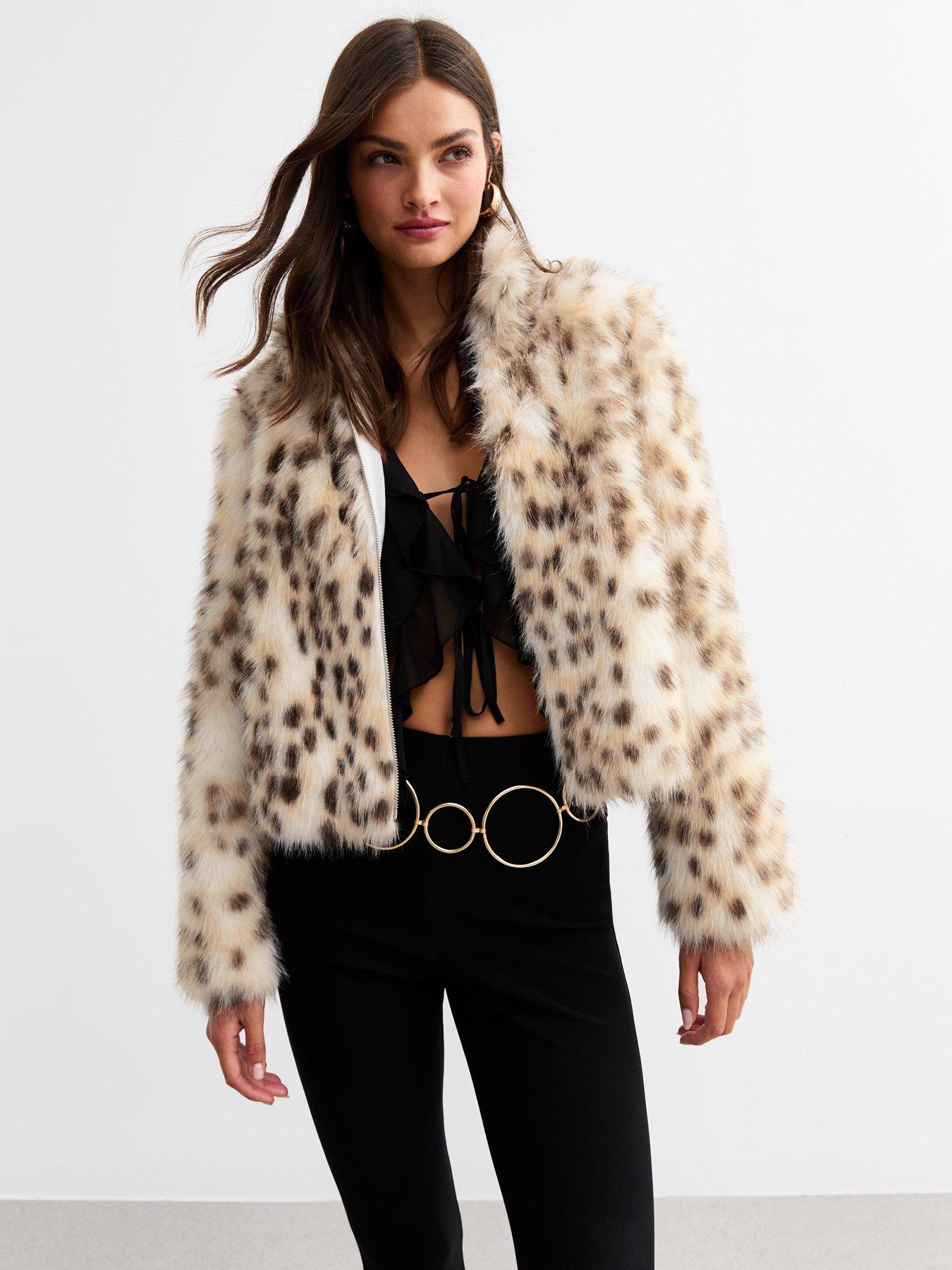 White Leopard Print Faux Fur Coat