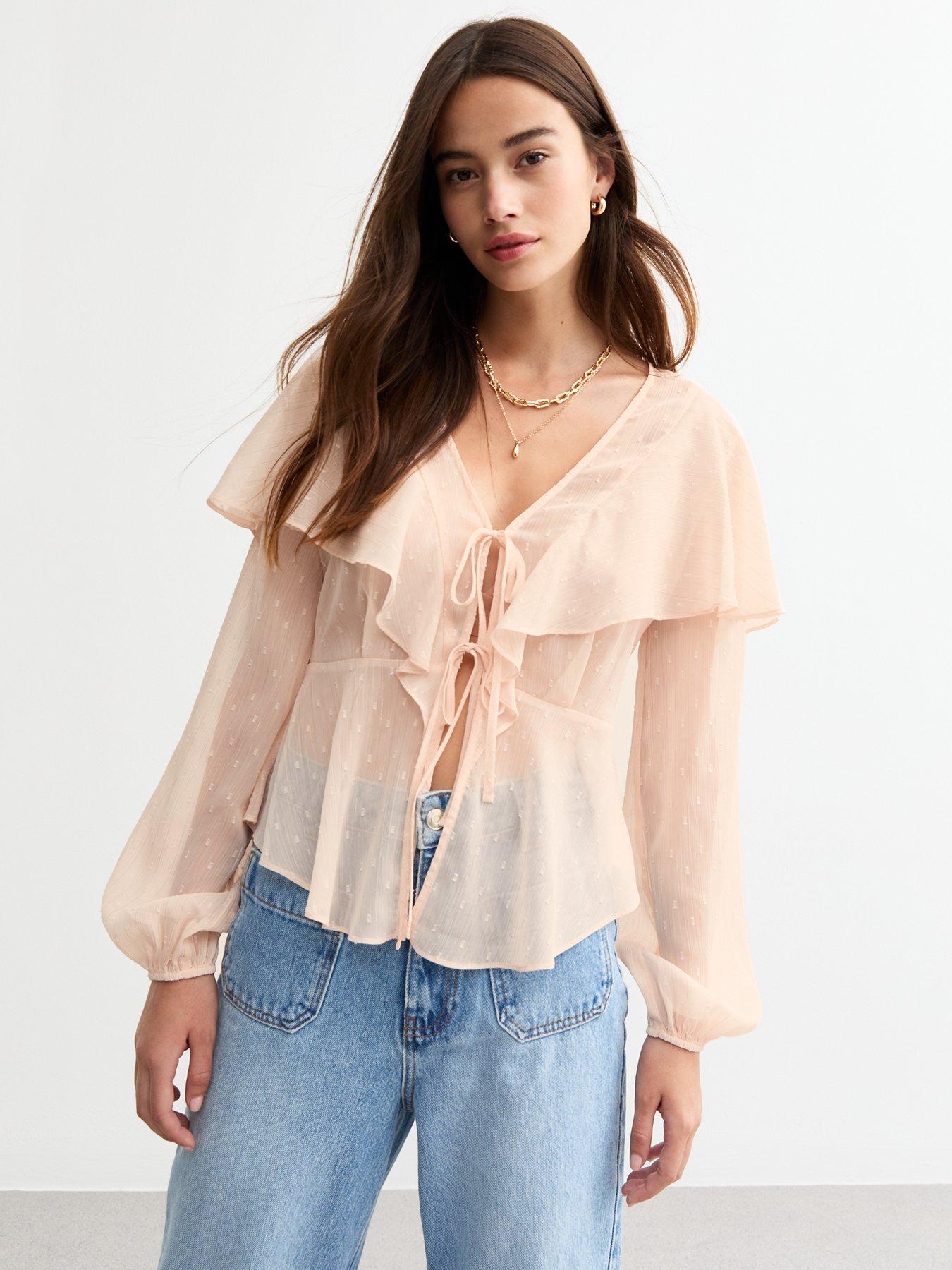 undefined Pale Chiffon Ruffle Trim Tie Front Blouse - Pink