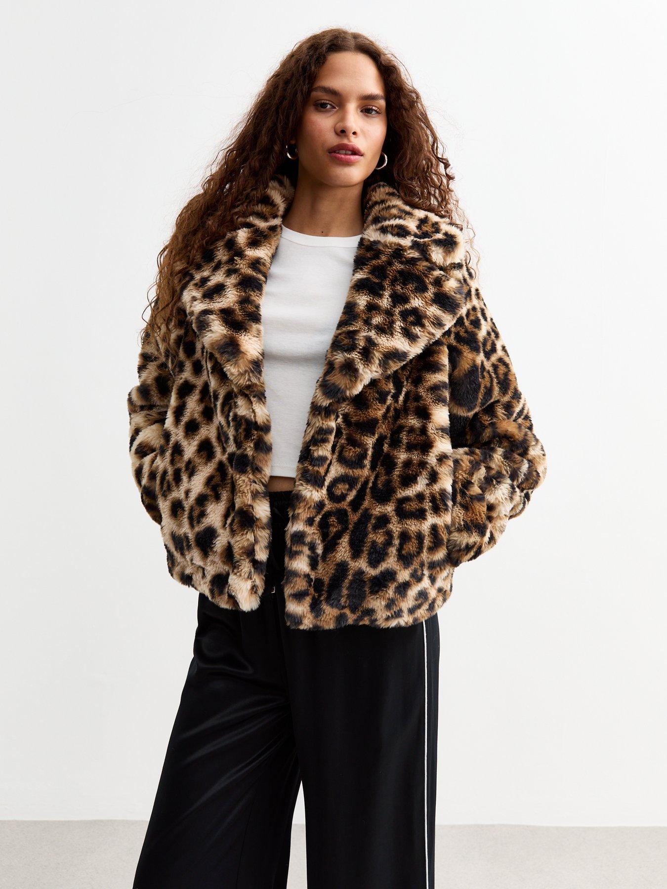 Brown Leopard Print Faux Fur Crop Jacket