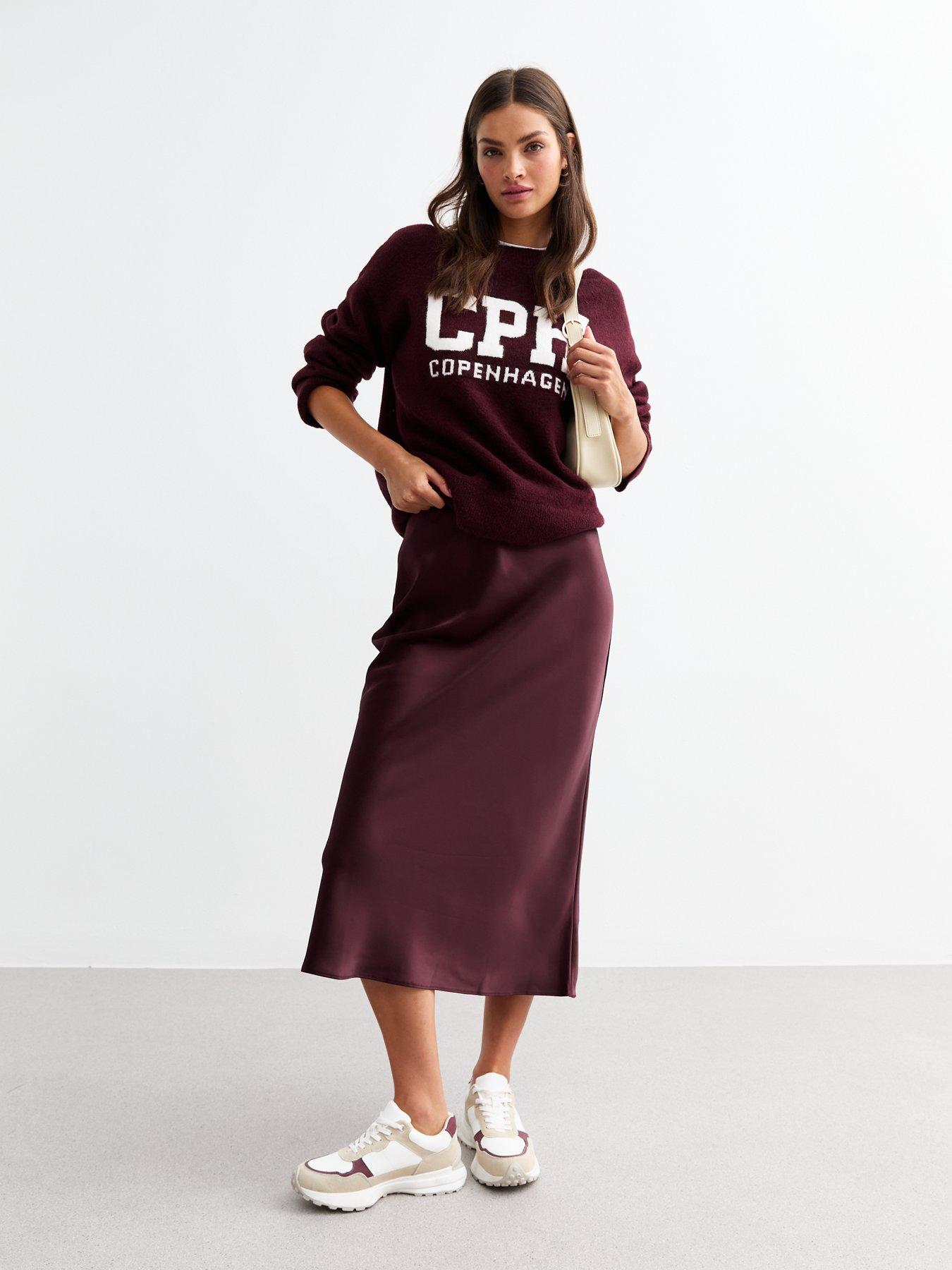undefined Satin Bias Cut Midi Skirt - Burgundy