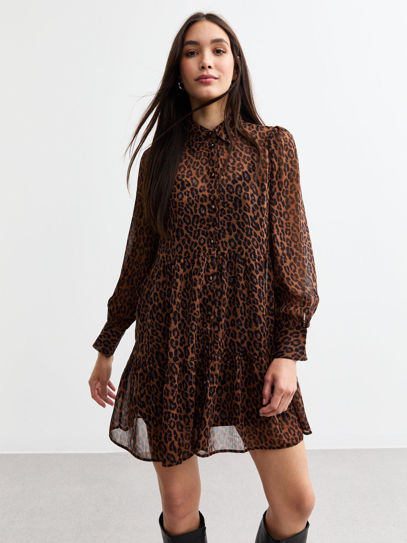 V by Very Puff Sleeve Leopard Print Mini Dress Animal Print Very
