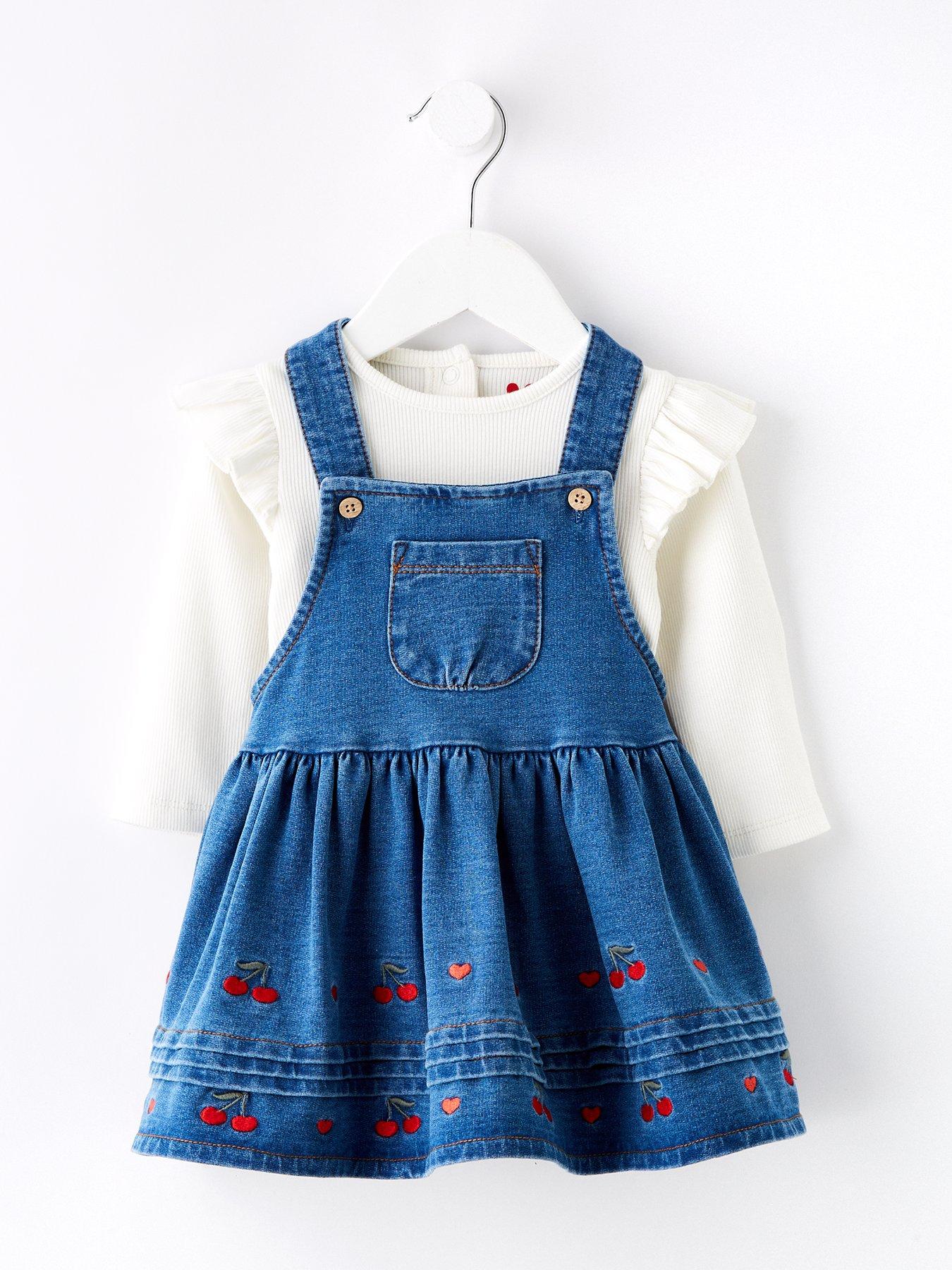undefined Baby Gilrs Tiered Cherry Denim Pinafore And Bodysuit Set
