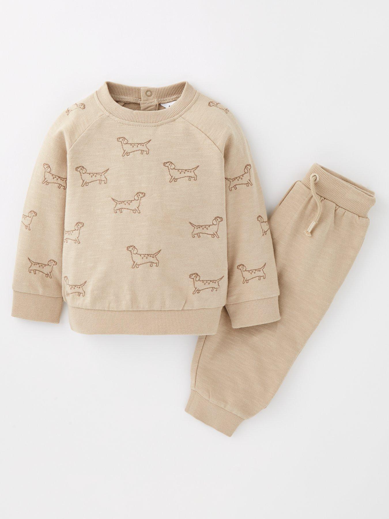 undefined Baby Boys All Over Embroidered Dog Jog Set - Beige