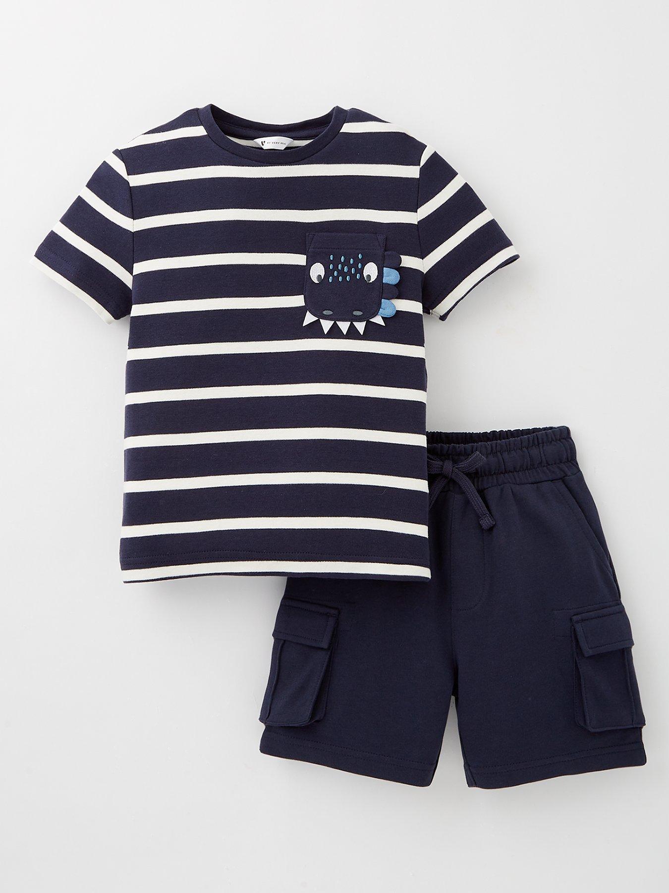 undefined Boys Stripe Novelty T-Shirt And Cargo Sweat Short - Navy