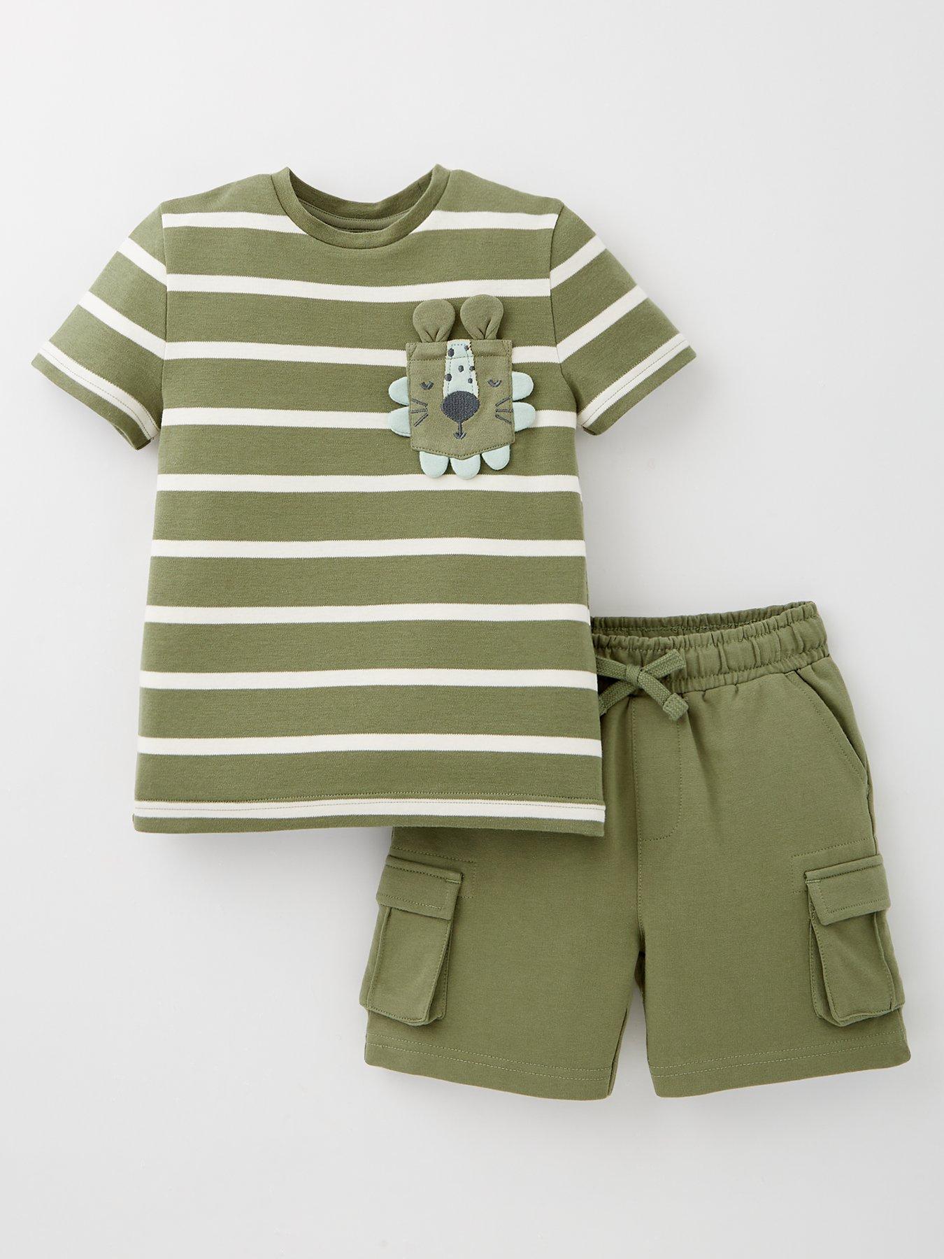 undefined Boys Stripe Novelty T-Shirt And Cargo Sweat Short - Khaki