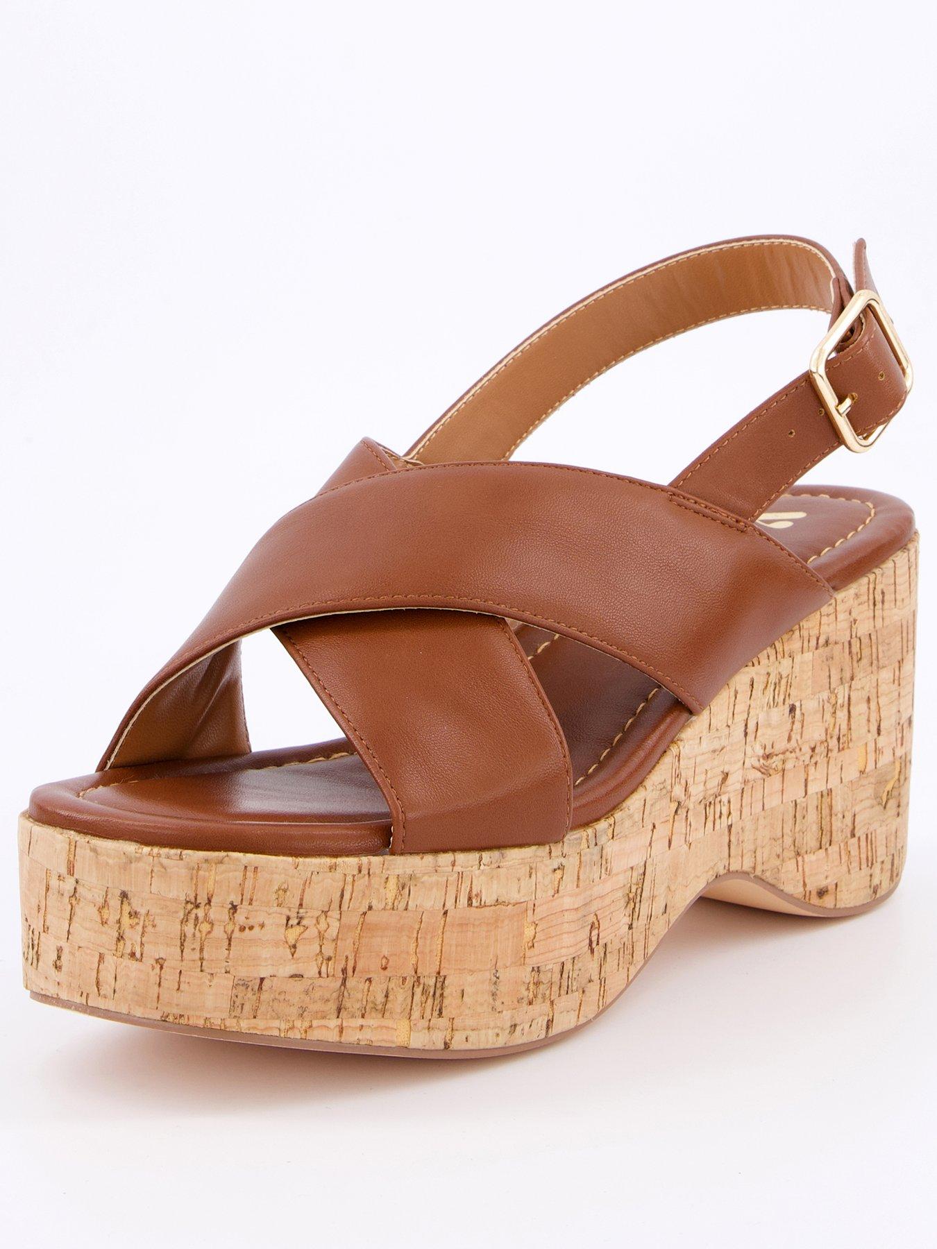 V by Very High Cork Wedge Cross Strap Sandals Tan Very