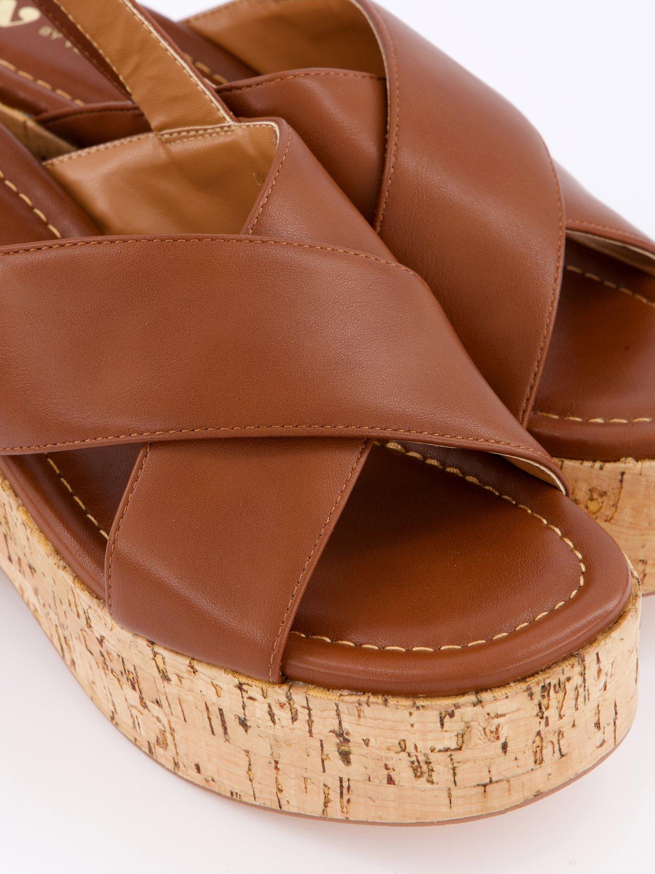V by Very High Cork Wedge Cross Strap Sandals Tan Very
