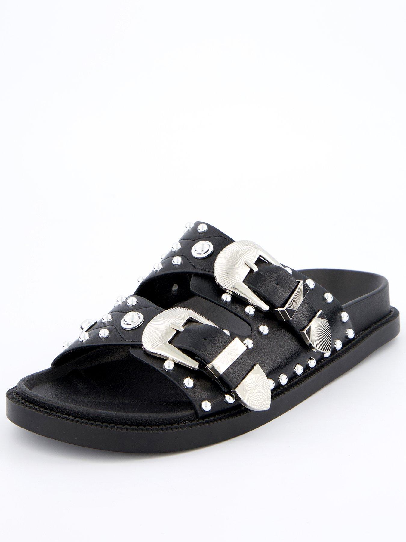 undefined Western Double Buckle Footbed Sandals - Black