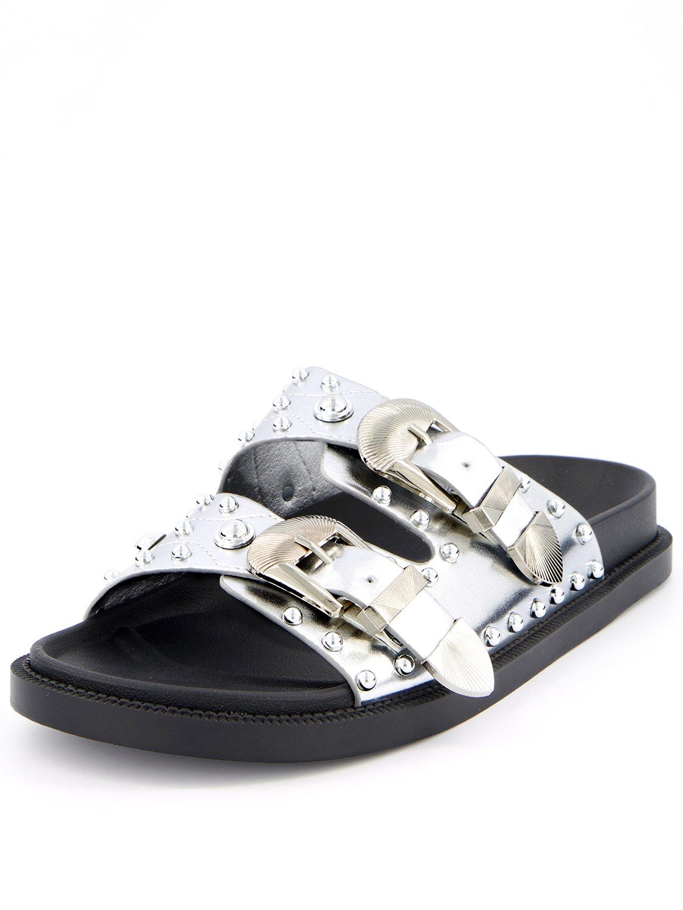 undefined Western Double Buckle Footbed Sandals - Silver