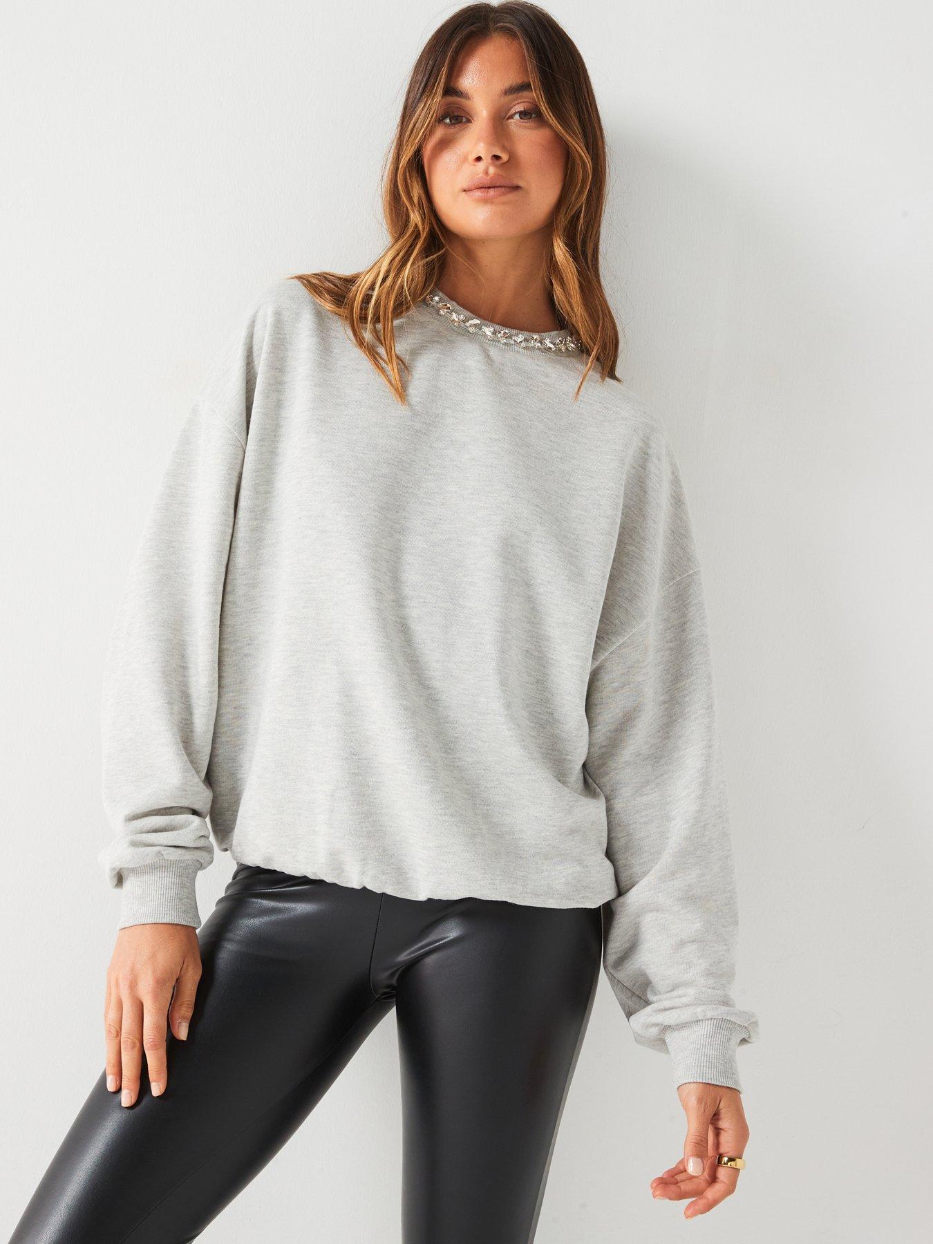 undefined Oversized Diamante Trim Sweatshirt - Grey