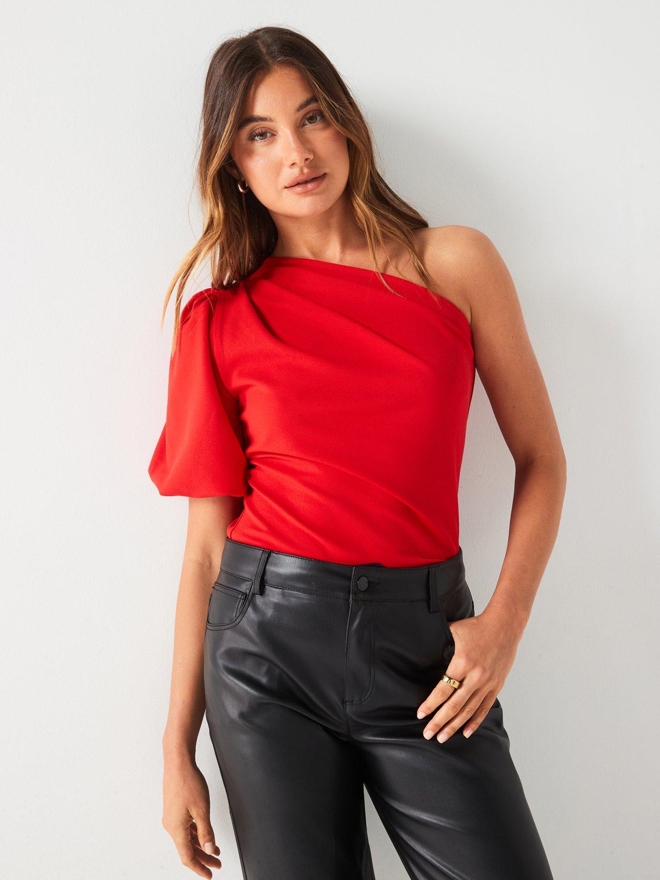 Puff Sleeve One Shoulder Top Red