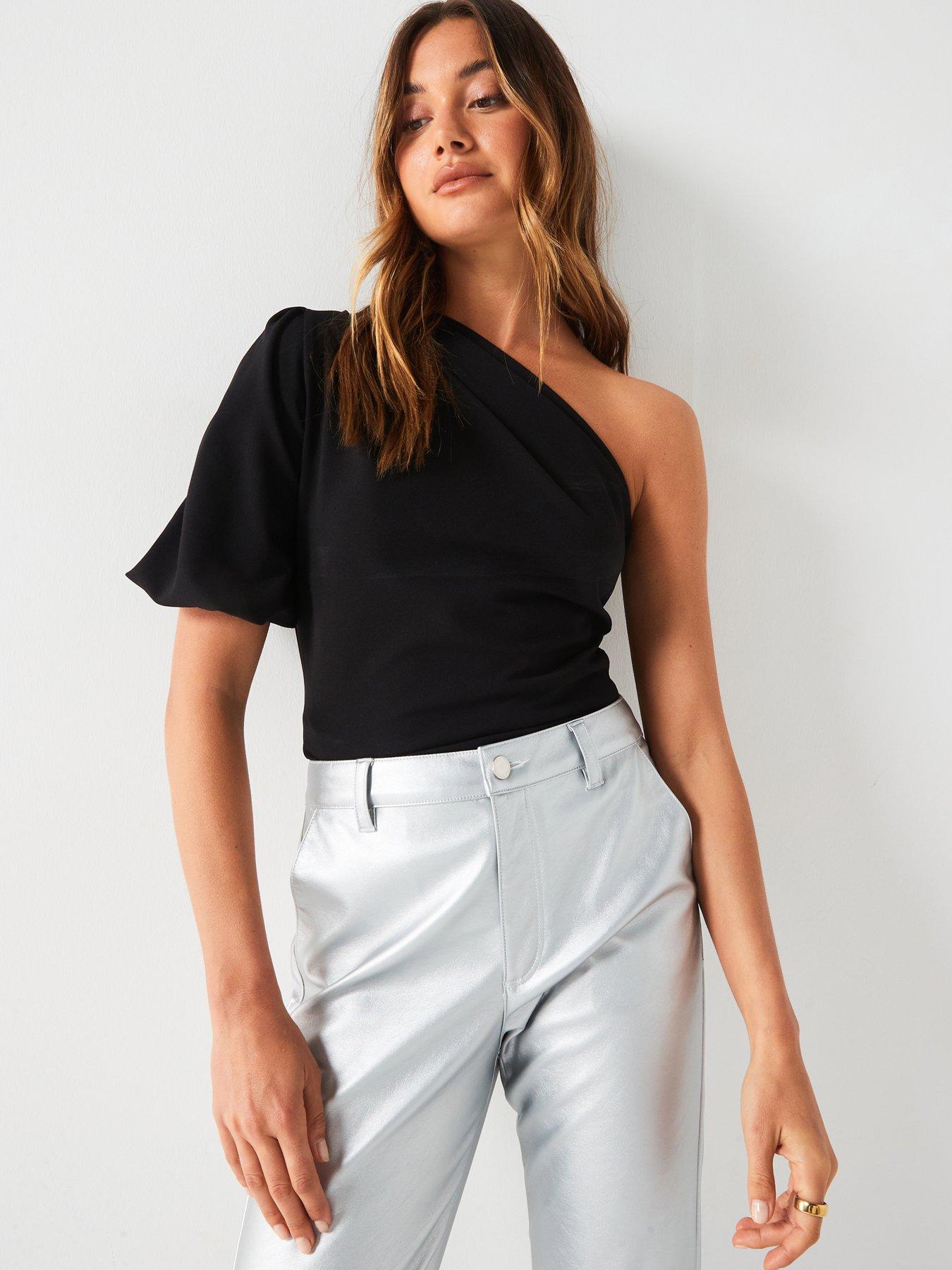 undefined Puff Sleeve One Shoulder Top - Black