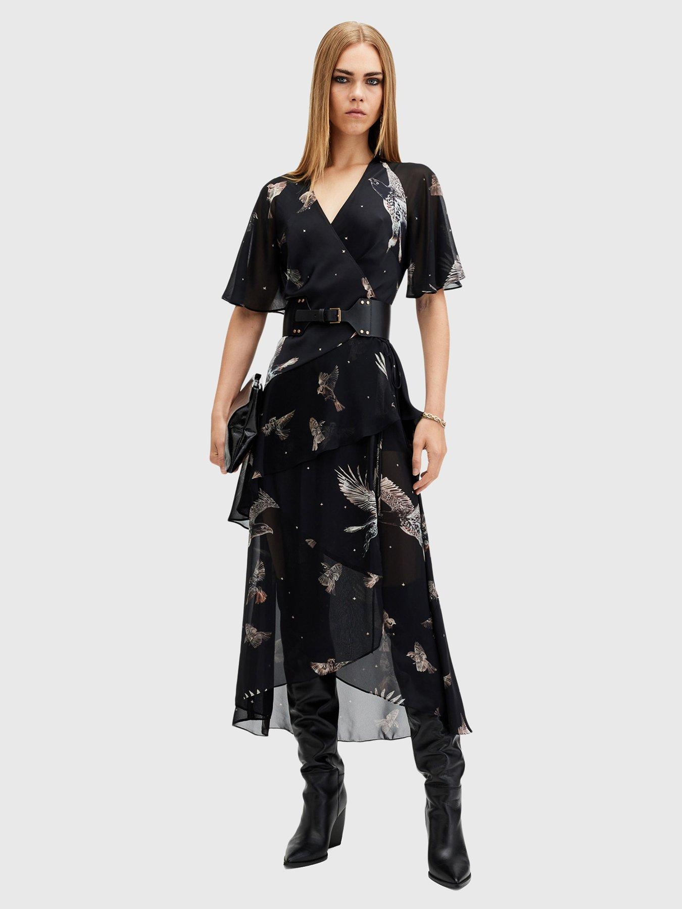 AllSaints Alana Printed Wrap Over Midi Dress Black Very