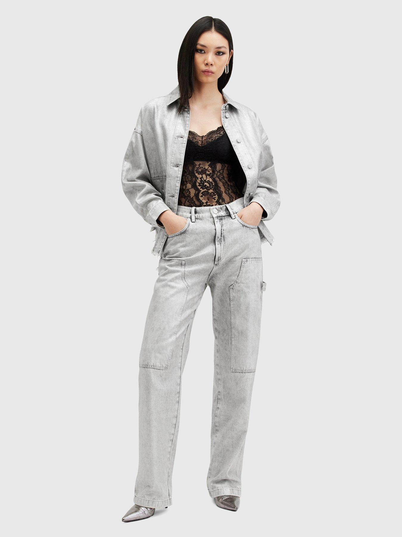 undefined Mia Metallic Wide Leg Denim Cargo Jeans - Silver