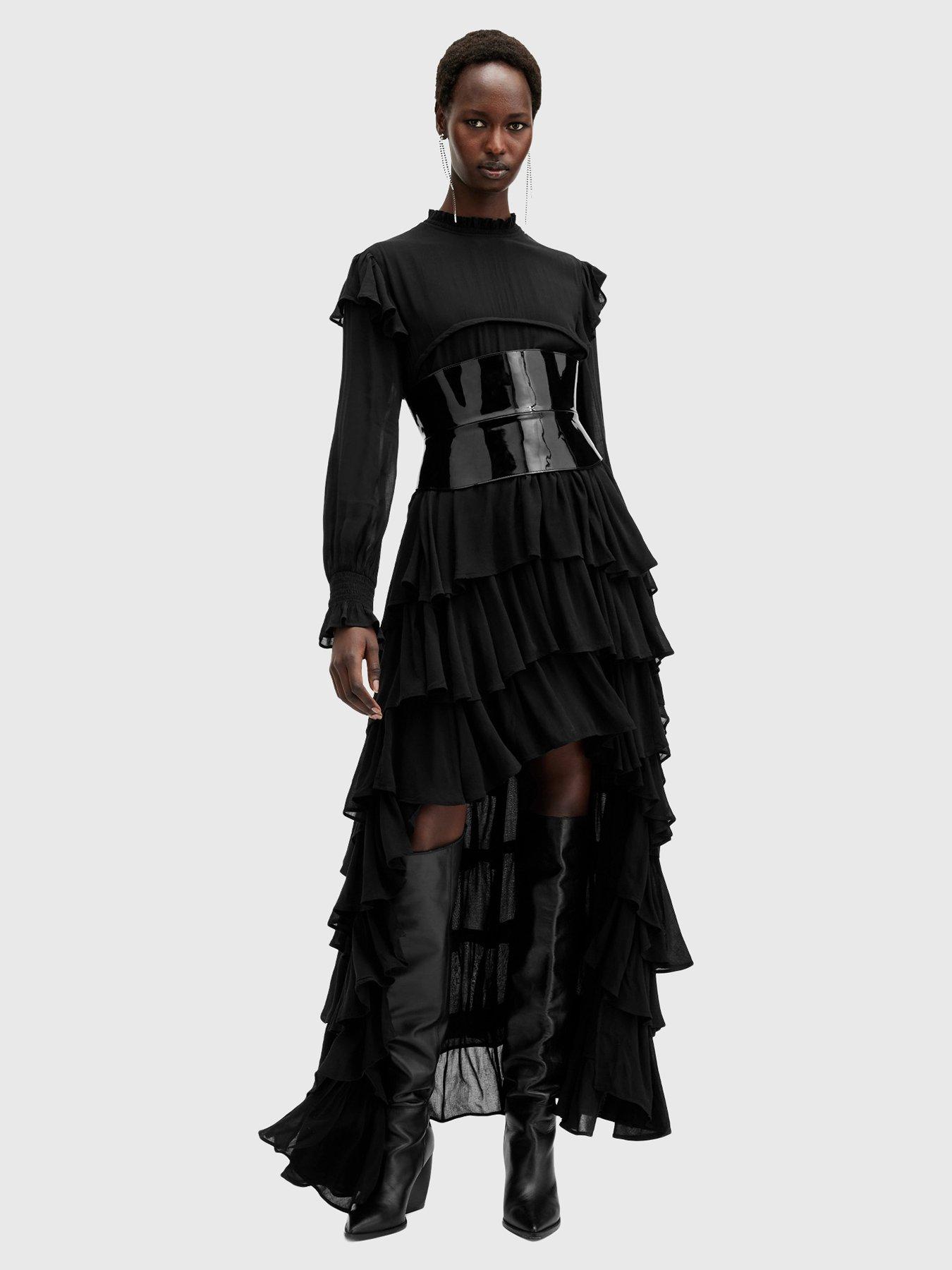 AllSaints Cavalry Long Sleeve Ruffle Maxi Dress - Black
