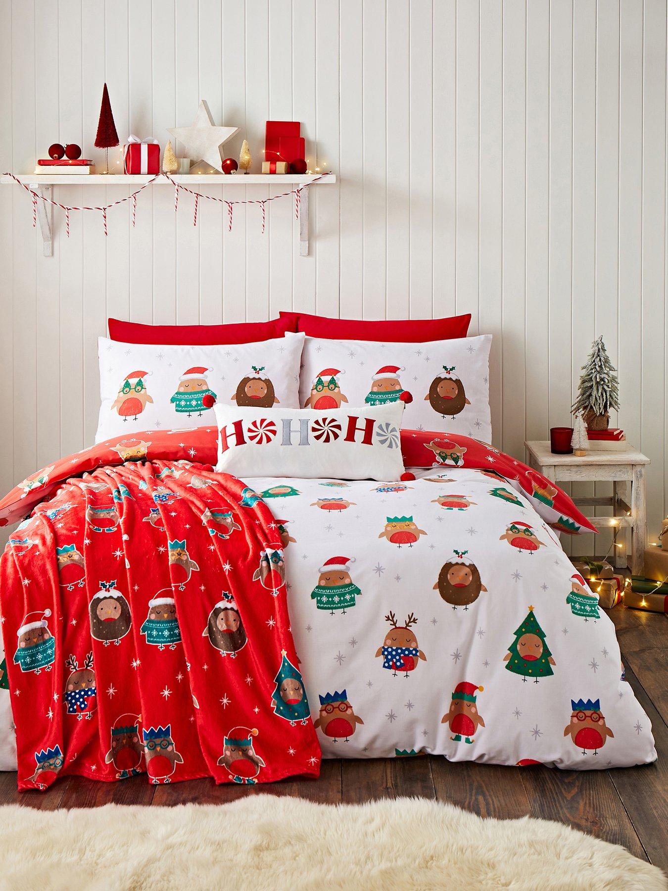 undefined Christmas Party Robins Duvet Set- Single - White/Red
