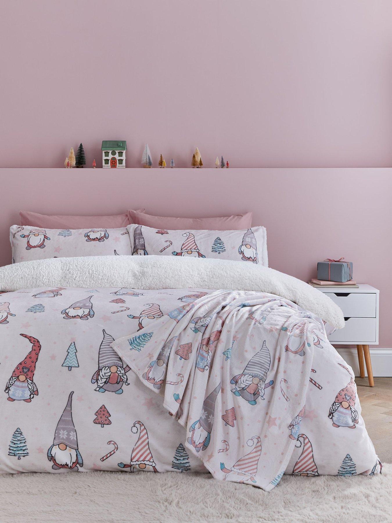 Product photograph of Catherine Lansfield Christmas Festive Gnomes Cosy Fleece Duvet Cover Set - Pink from very.co.uk