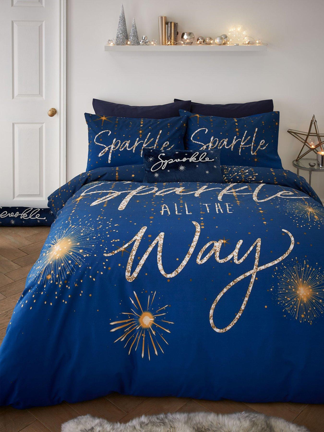 Product photograph of Catherine Lansfield Sparkle All The Way Christmas Duvet Cover Set - Navy from very.co.uk