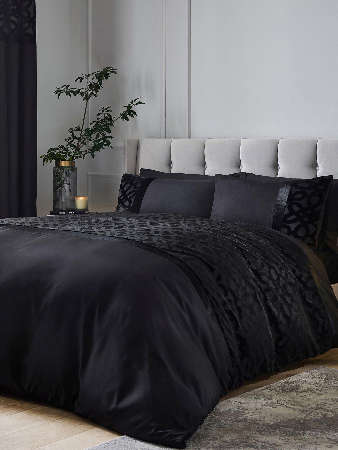 Image 1 of 4 of Catherine Lansfield Lattice Cut Velvet Duvet Cover Set in Black