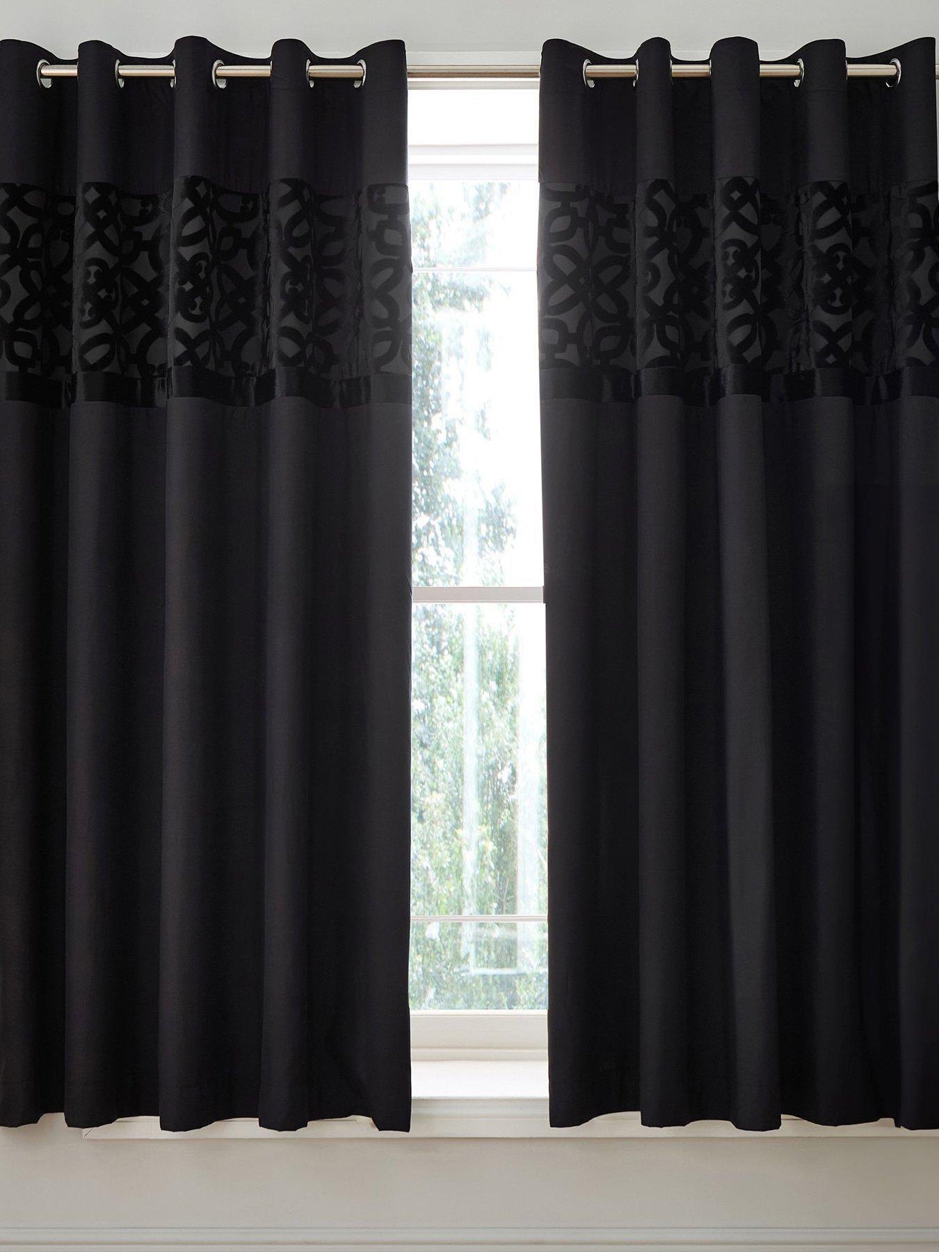 Catherine Lansfield Lattice Cut Velvet Eyelet Curtains in Black - 168 x 183 cm