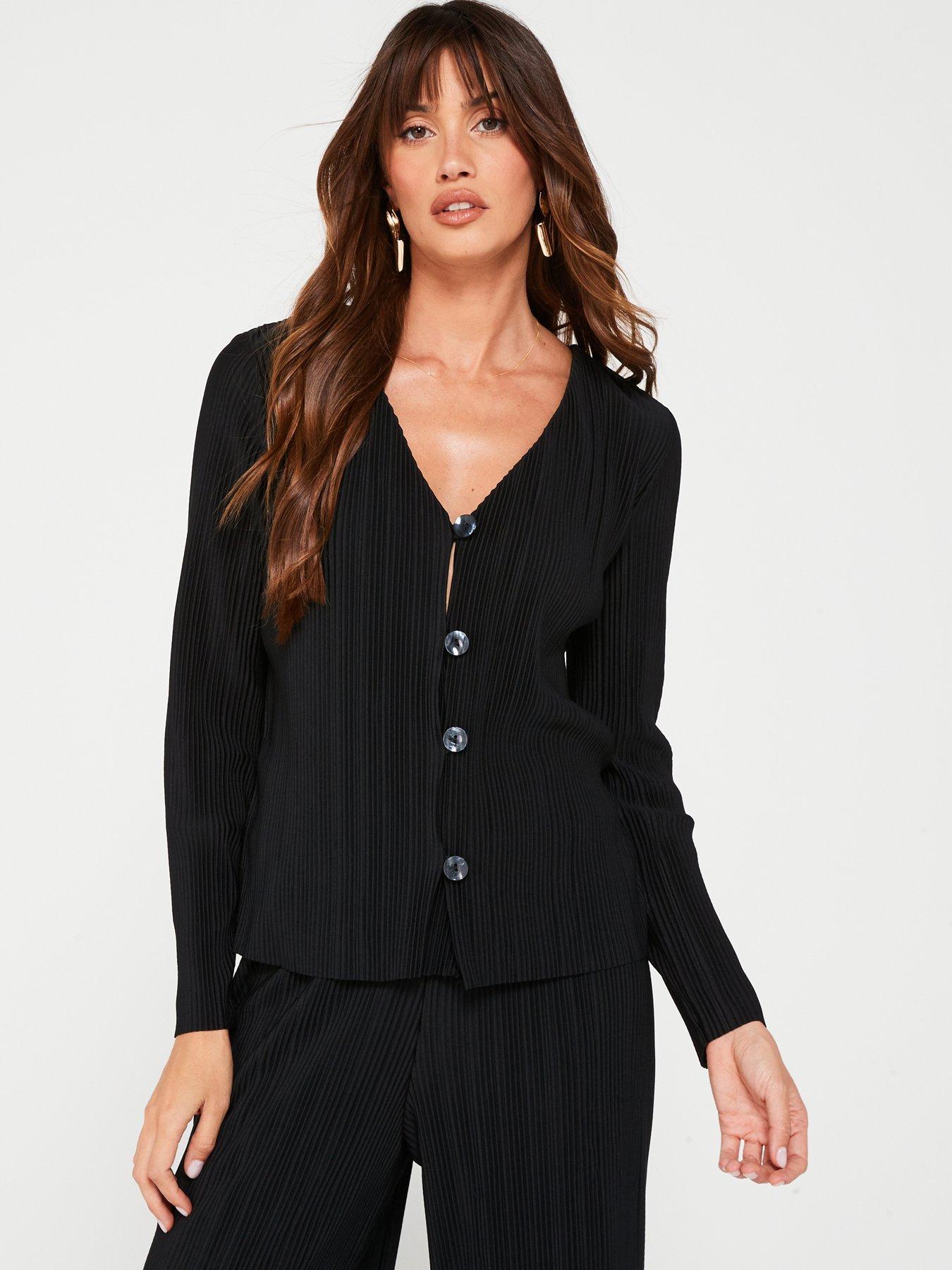 V by Very Textured Longline Button Up Shirt Co Ord Black Very