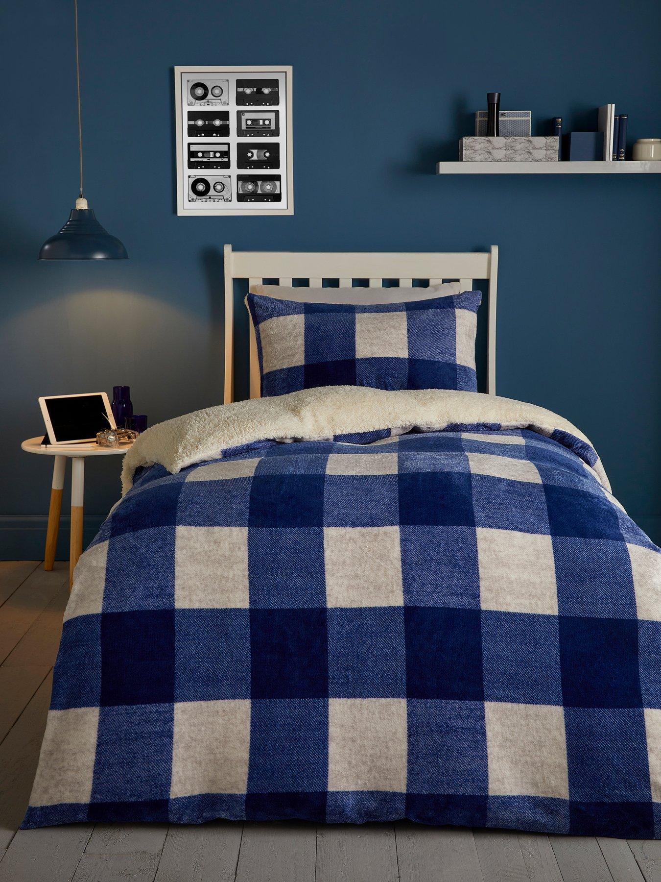 Product photograph of Bedlam Theo Check Plush Duvet Set - Blue from very.co.uk