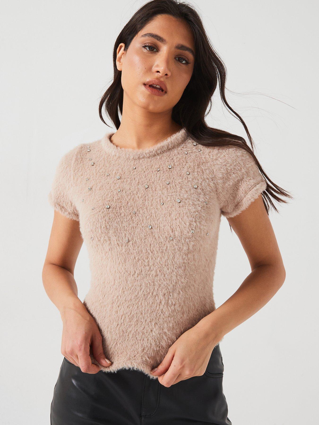undefined Fluffy Diamante Top - Blush