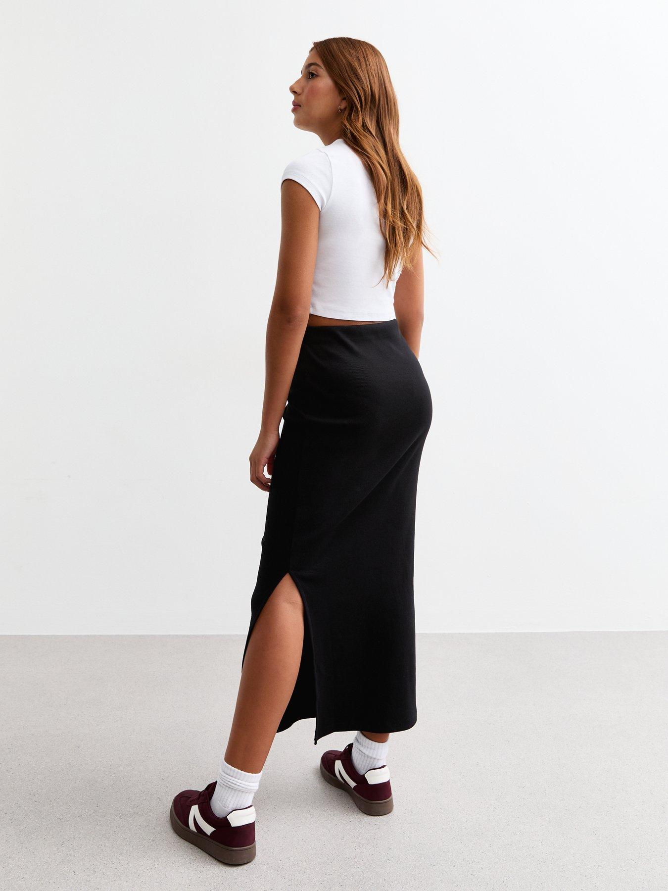 Image 2 of 4 of New Look 915 Girls Black Ribbed Split Hem Maxi Skirt