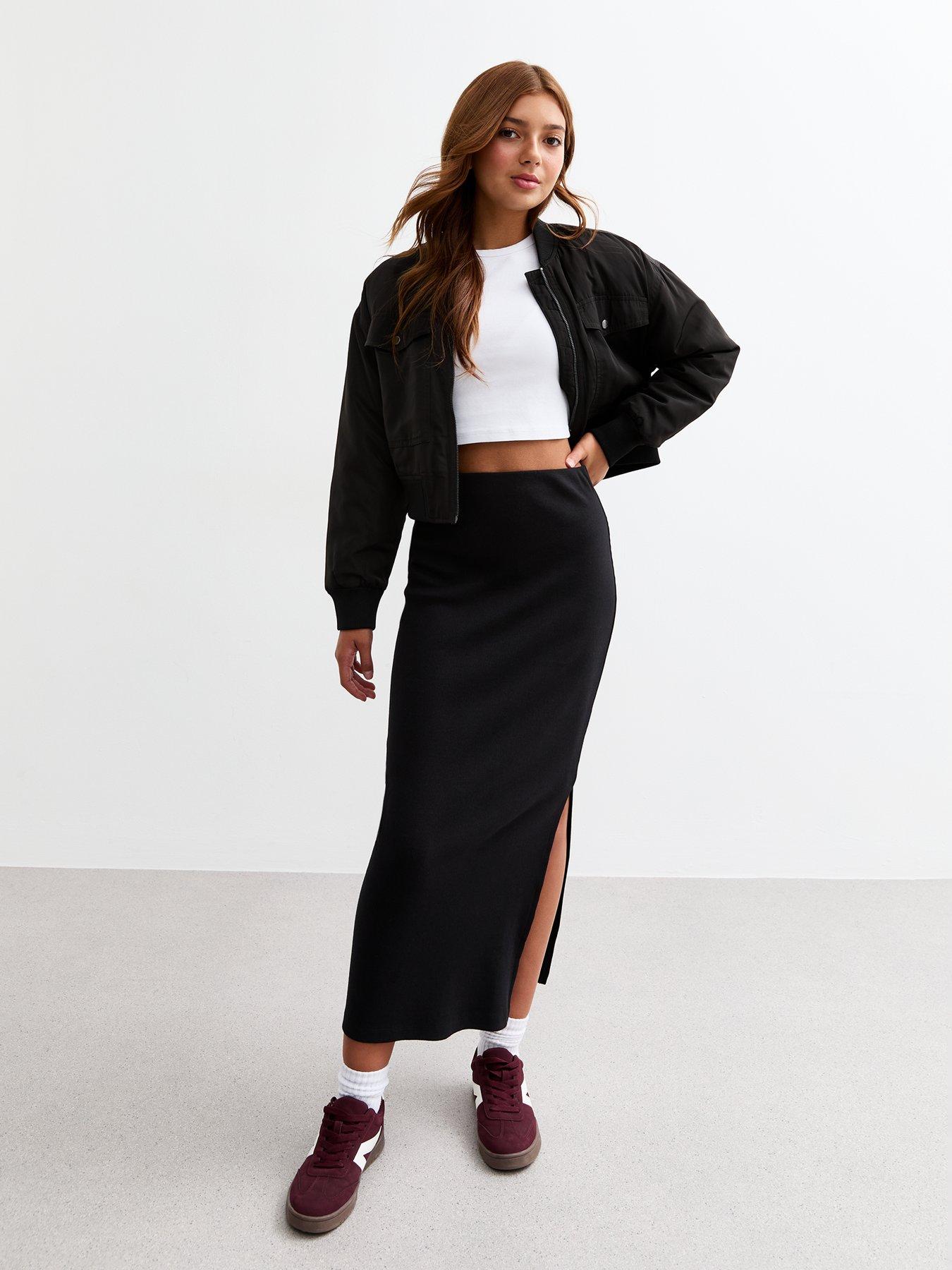 Girls Black Ribbed Split Hem Maxi Skirt