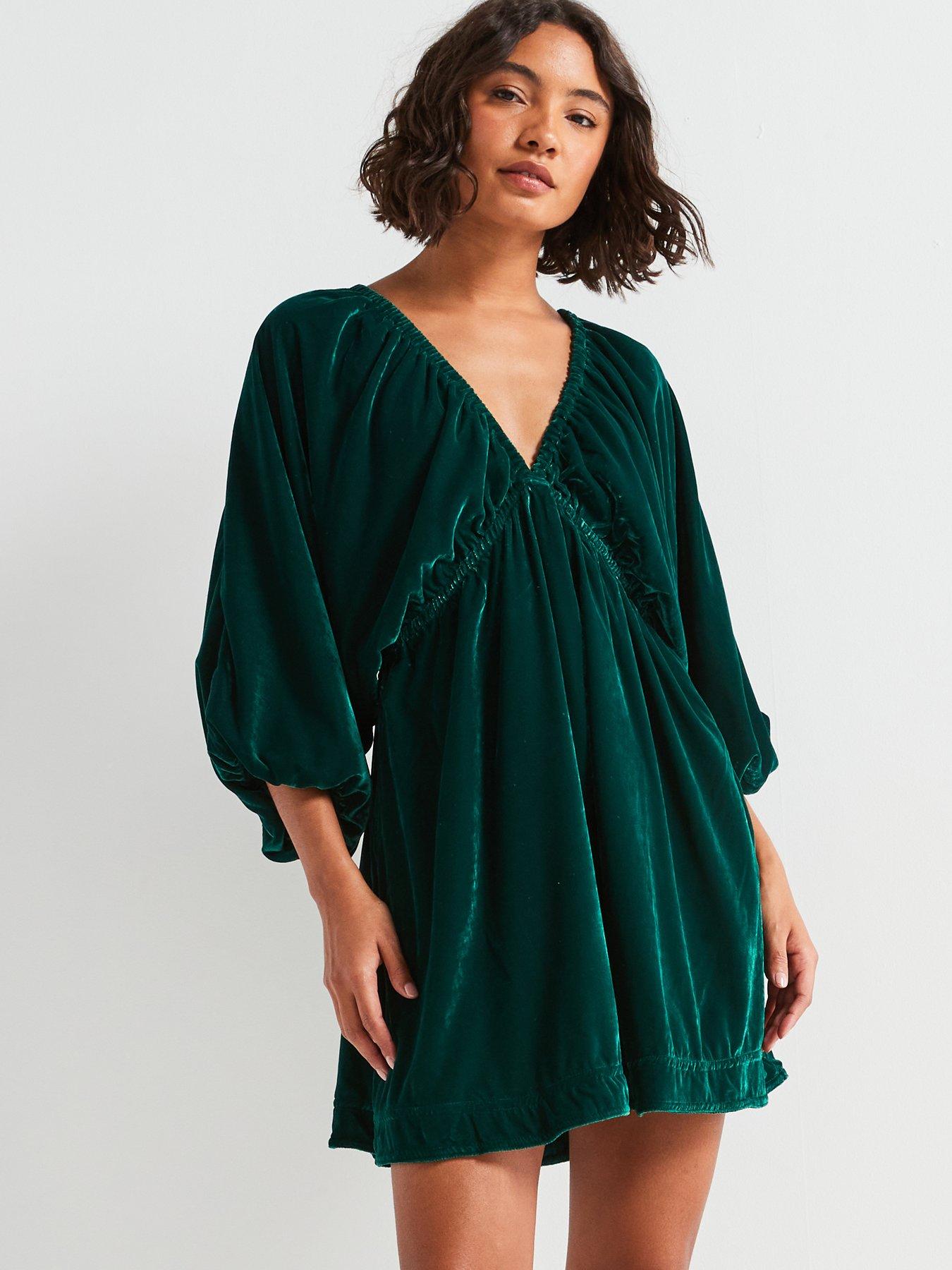 undefined Portia Velvet Mini Dress - Dark Green - Dark Green