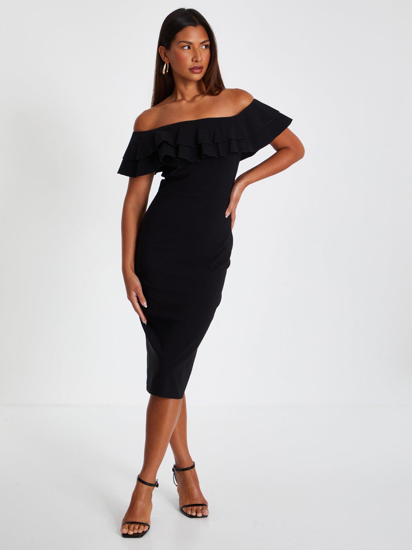 Black frill tie shoulder bodycon dress hot sale