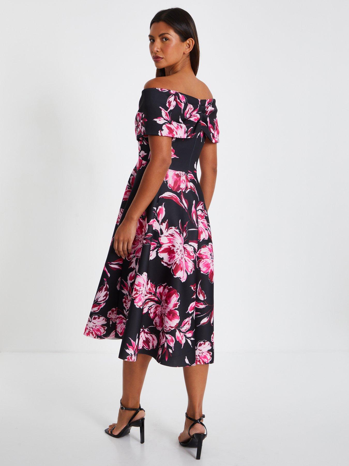 Quiz Black Floral Bardot Skater Midi Dress