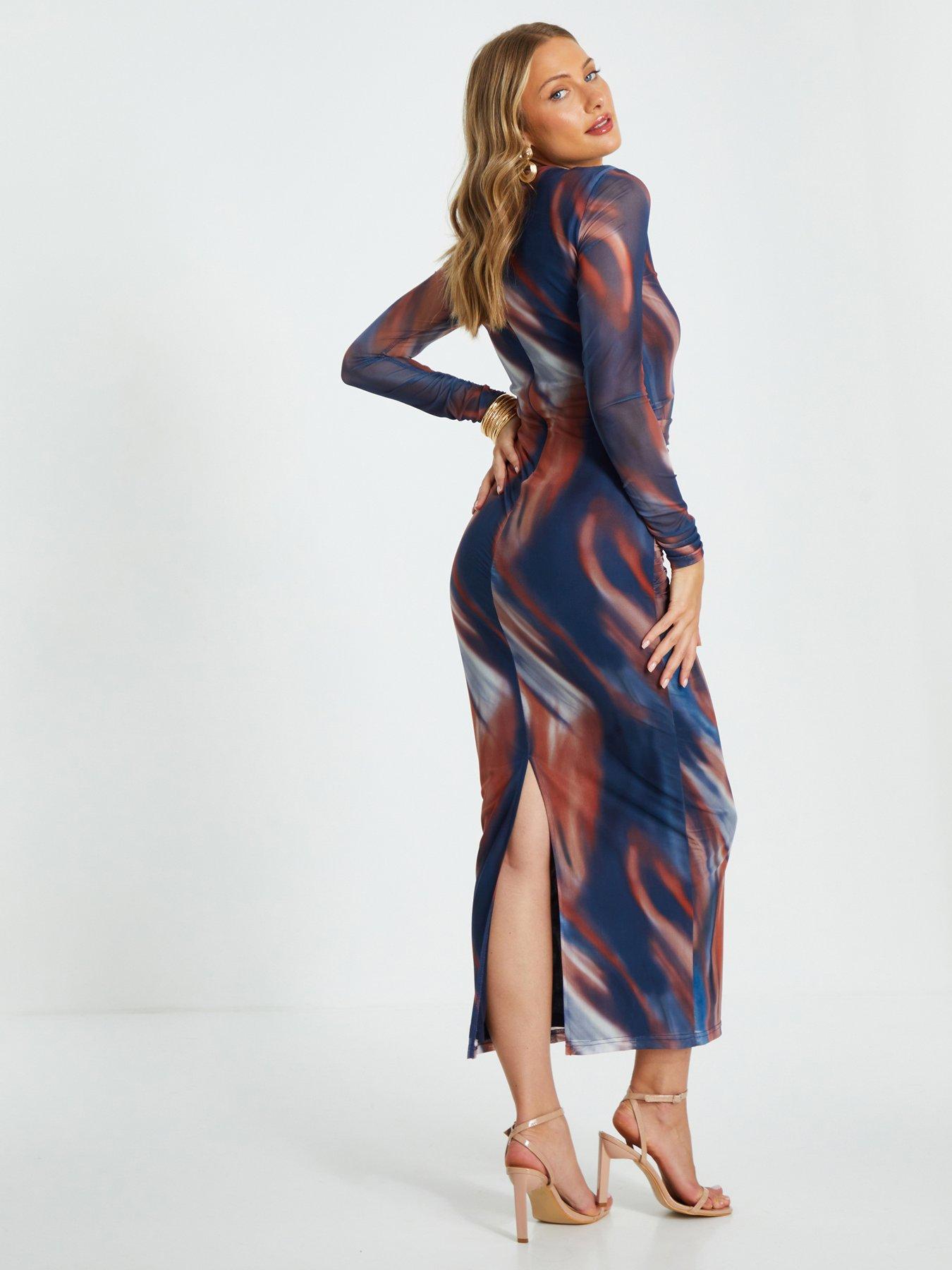 quiz mesh dress Quiz Womens Swirl Print Mesh Overlay Bodycon Dress Blue 8