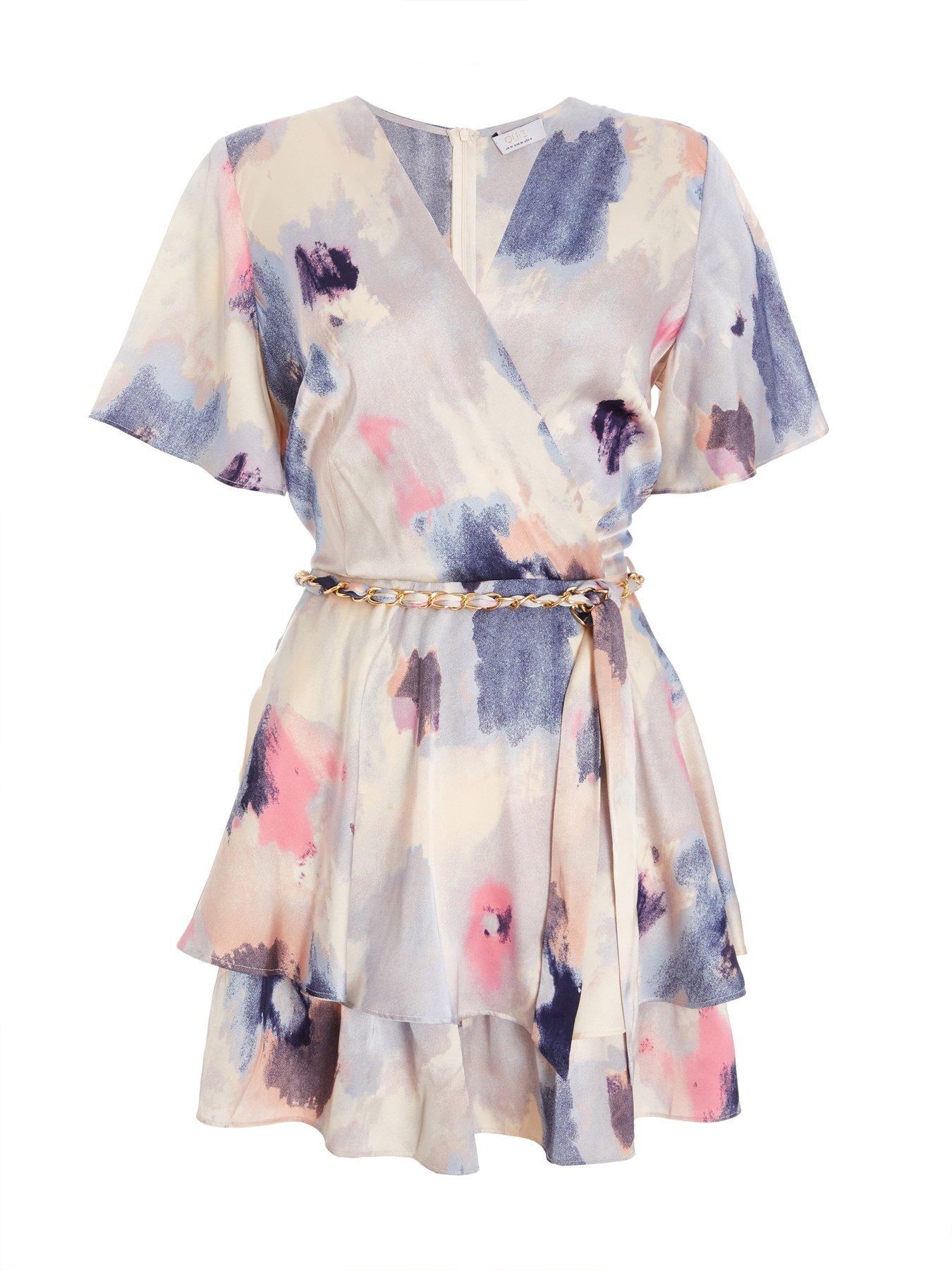 Image 4 of 6 of Quiz Multicoloured Marble Print Wrap Tiered Playsuit