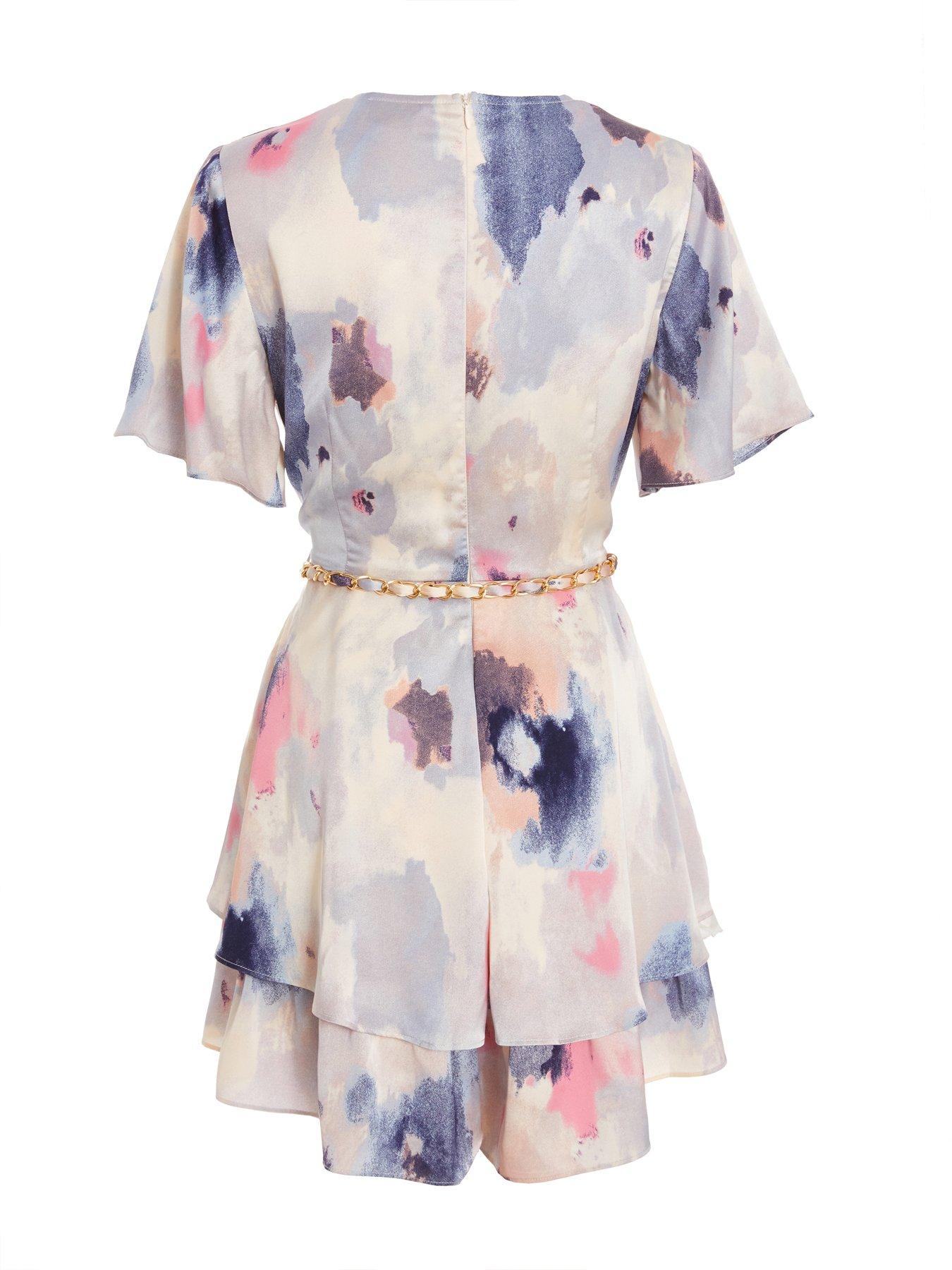 Image 5 of 6 of Quiz Multicoloured Marble Print Wrap Tiered Playsuit