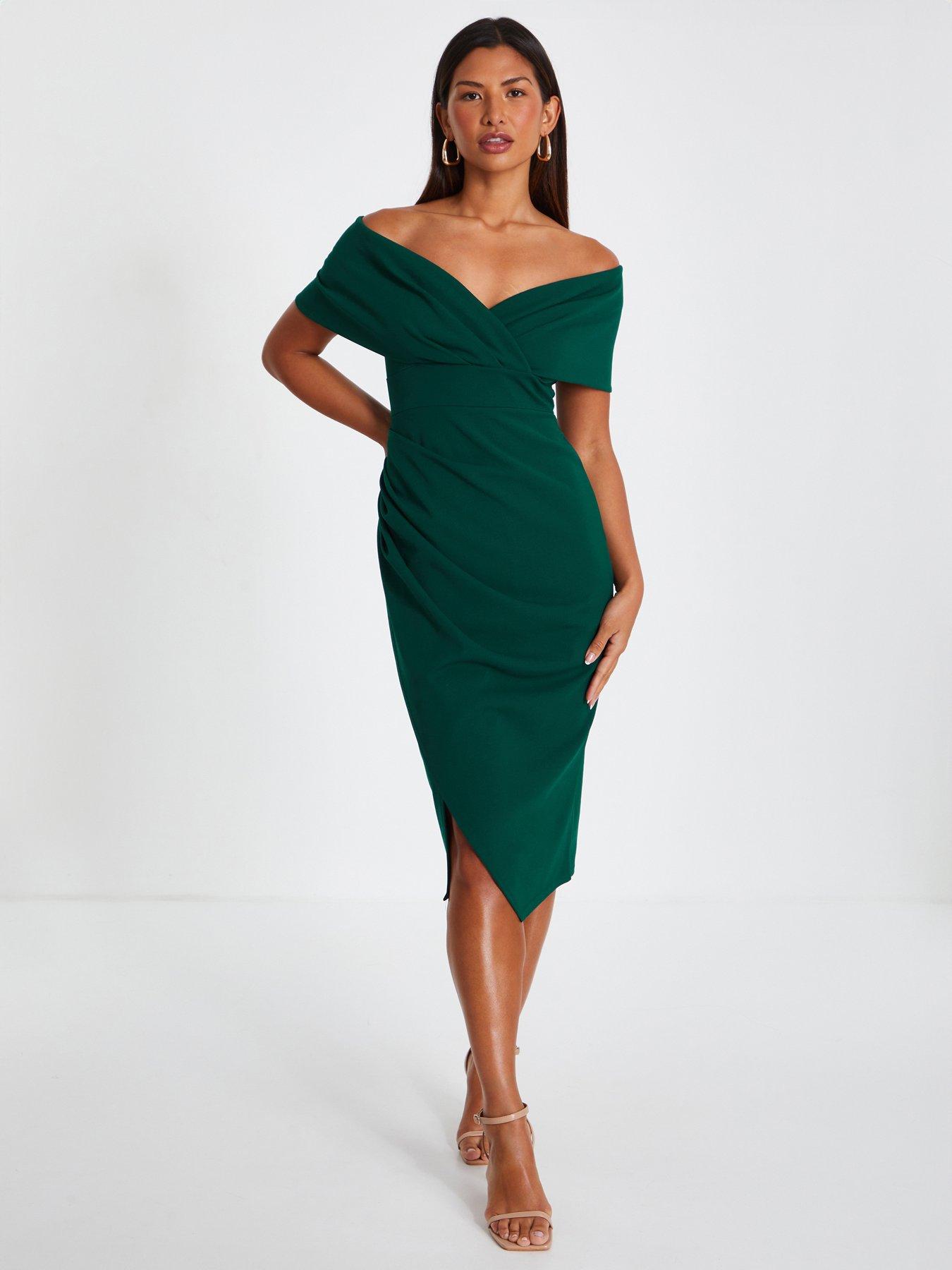 Quiz Bardot Ruched Wrap Midi Dress - Bottle Green | Very
