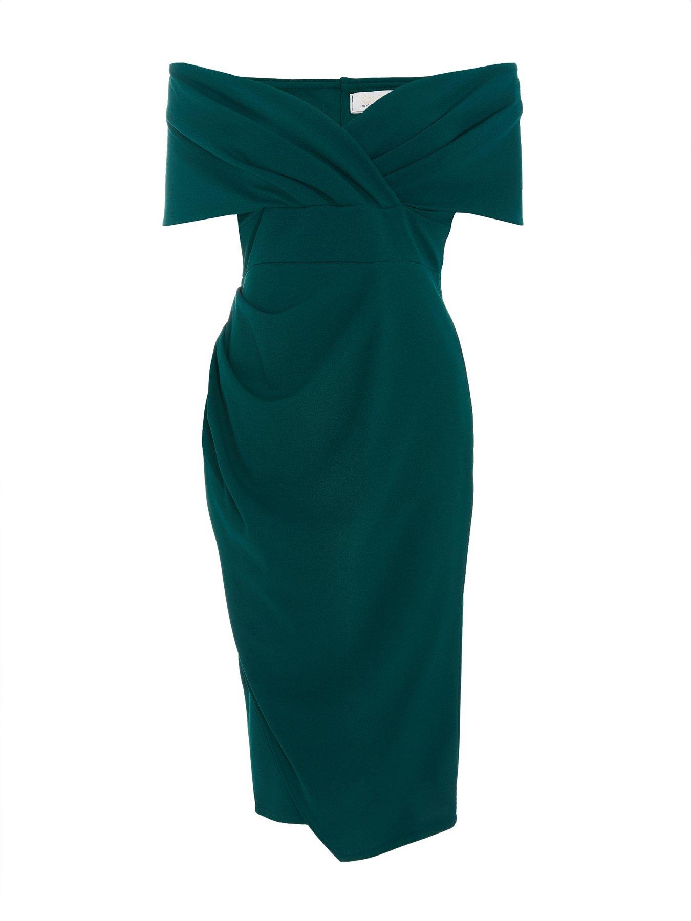 Quiz Bardot Ruched Wrap Midi Dress - Bottle Green | Very