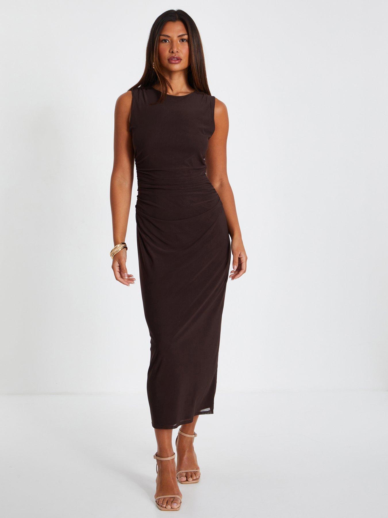 Image 1 of 6 of Quiz Brown Mesh Ruched Boydcon Midaxi Dress