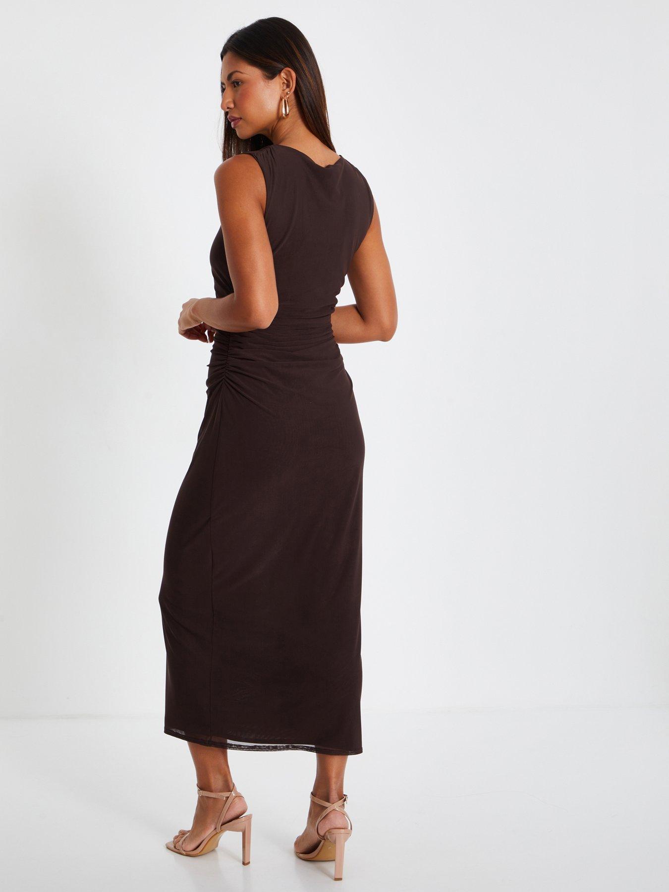 Image 2 of 6 of Quiz Brown Mesh Ruched Boydcon Midaxi Dress