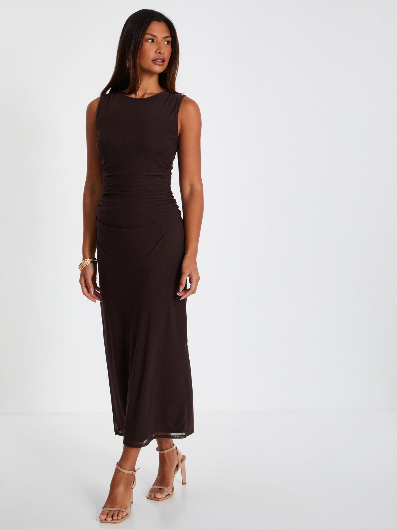 Image 3 of 6 of Quiz Brown Mesh Ruched Boydcon Midaxi Dress