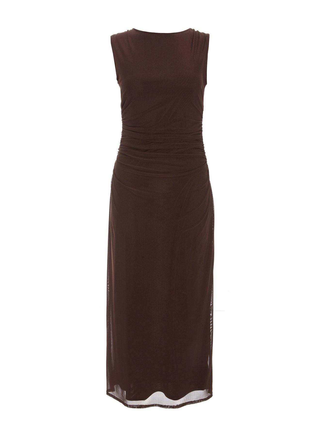Image 4 of 6 of Quiz Brown Mesh Ruched Boydcon Midaxi Dress
