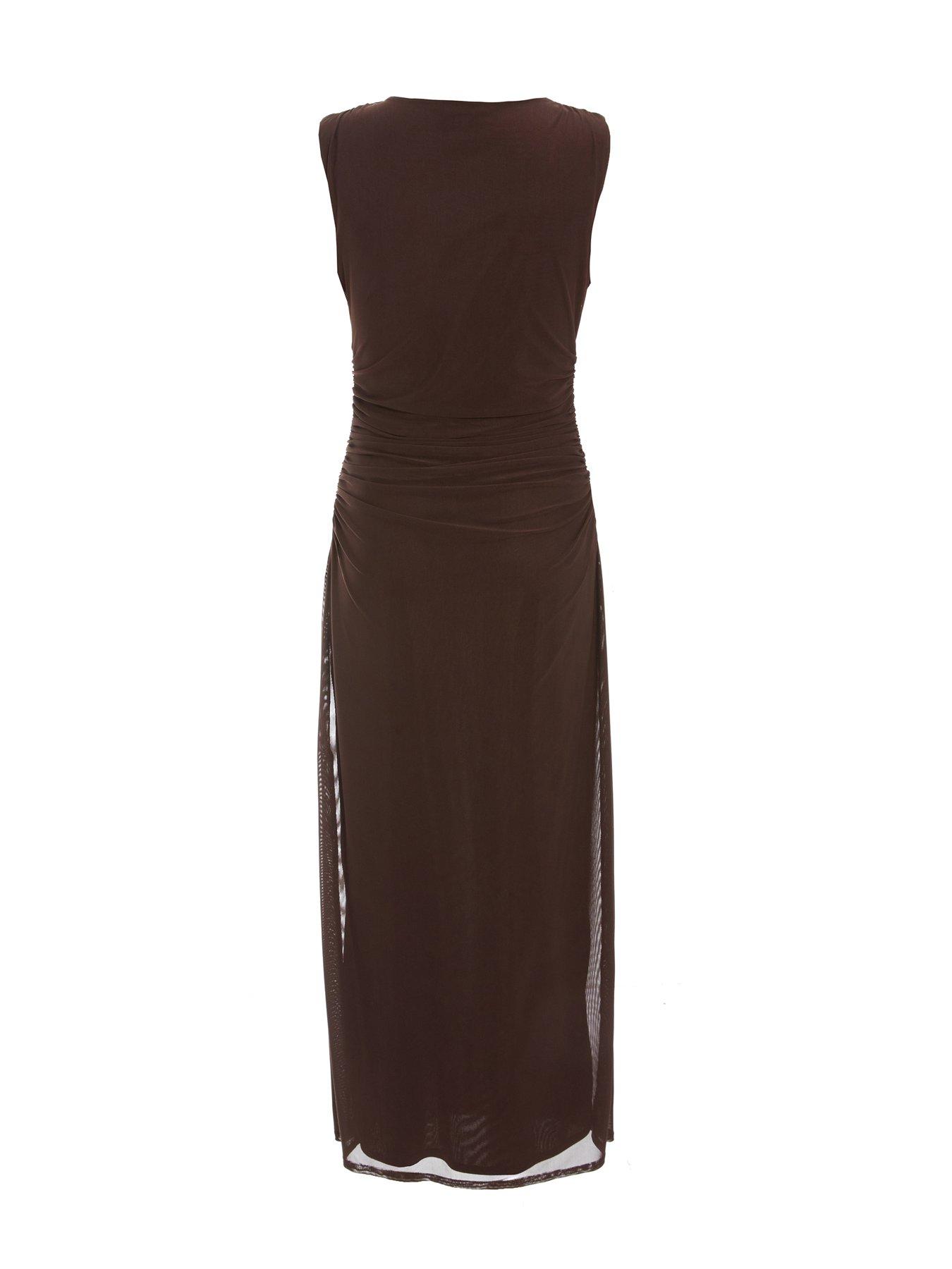 Image 5 of 6 of Quiz Brown Mesh Ruched Boydcon Midaxi Dress