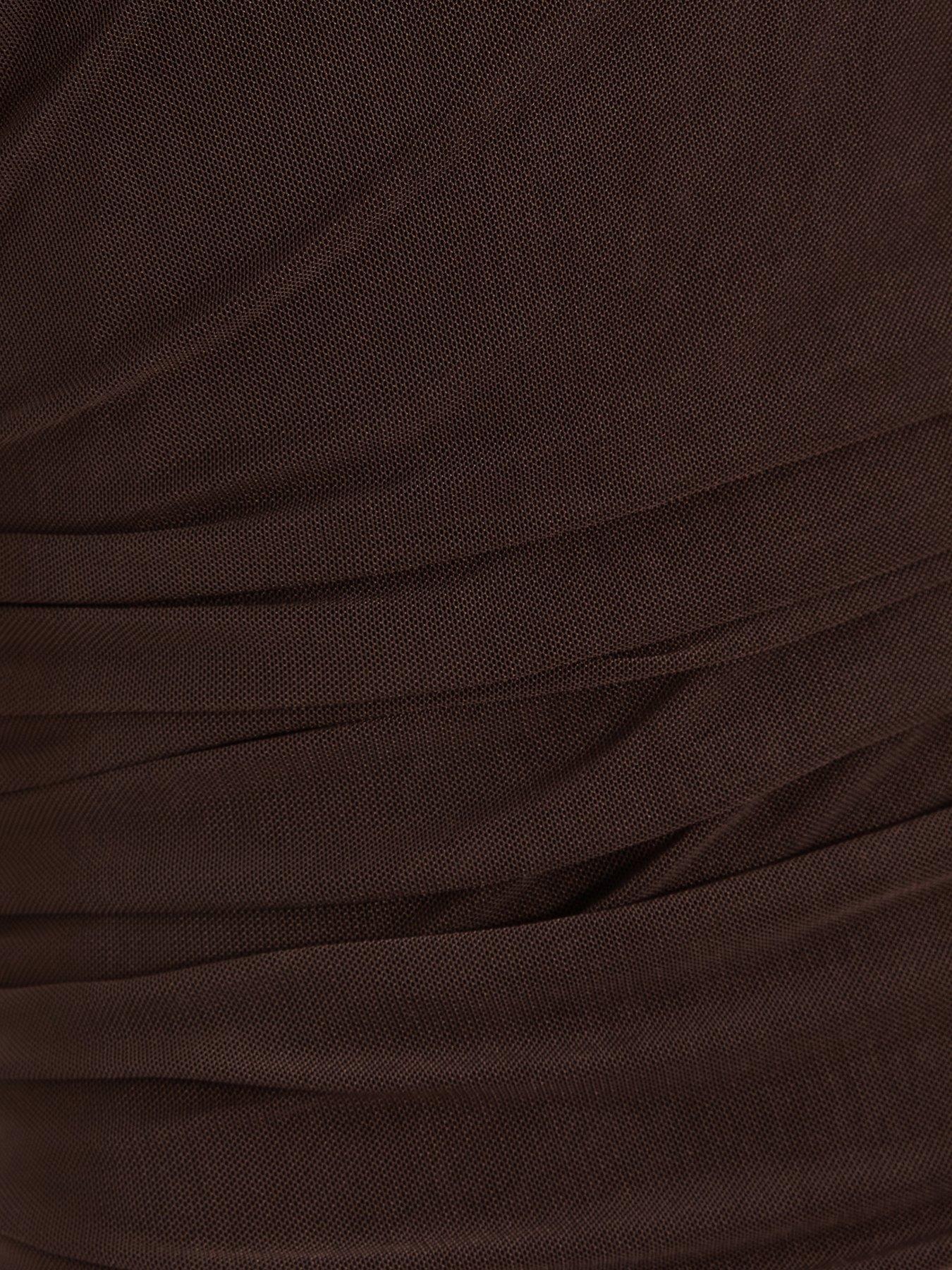 Image 6 of 6 of Quiz Brown Mesh Ruched Boydcon Midaxi Dress