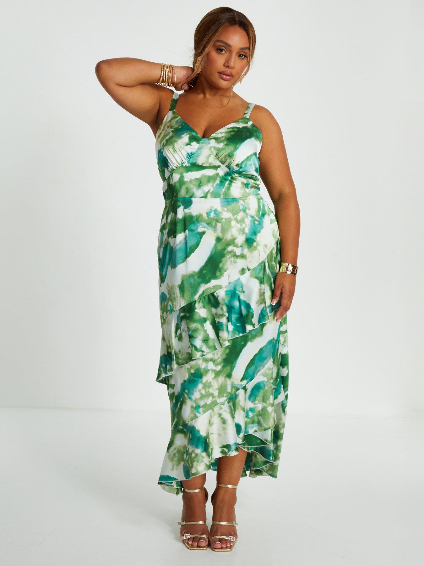 Quiz Curve Green Marble Print Ruffle Maxi Dress Very