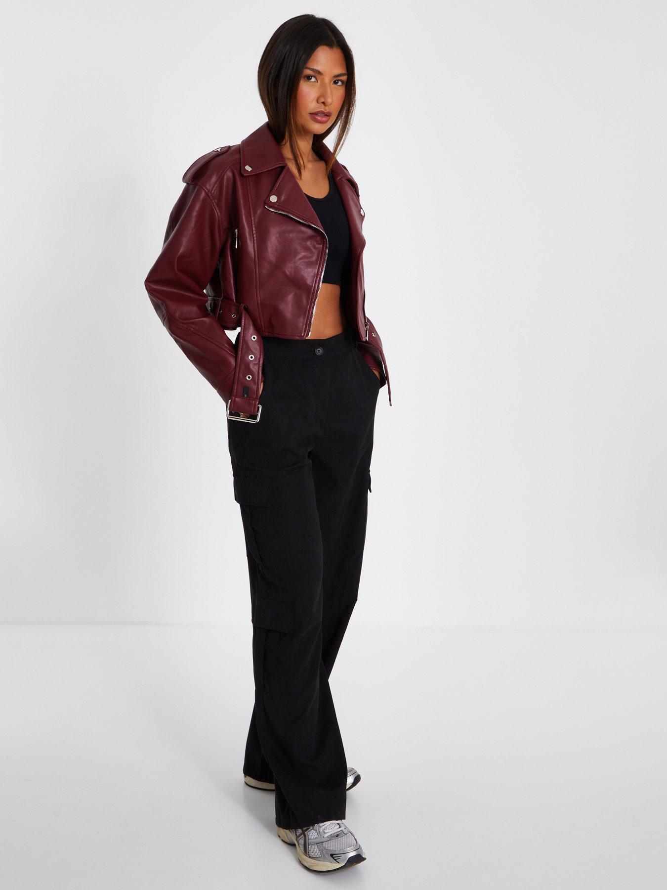 Quiz Red Faux Leather Oversized Biker Jacket